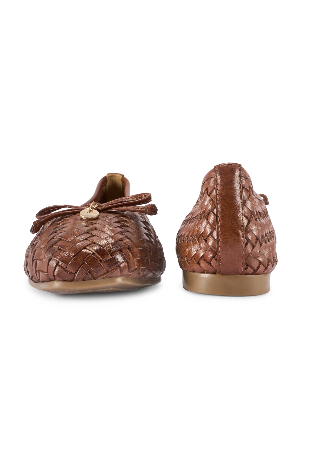 Brown women's braided ballet flats BUTYD-1249-1H(W26), front and back product view on white background.