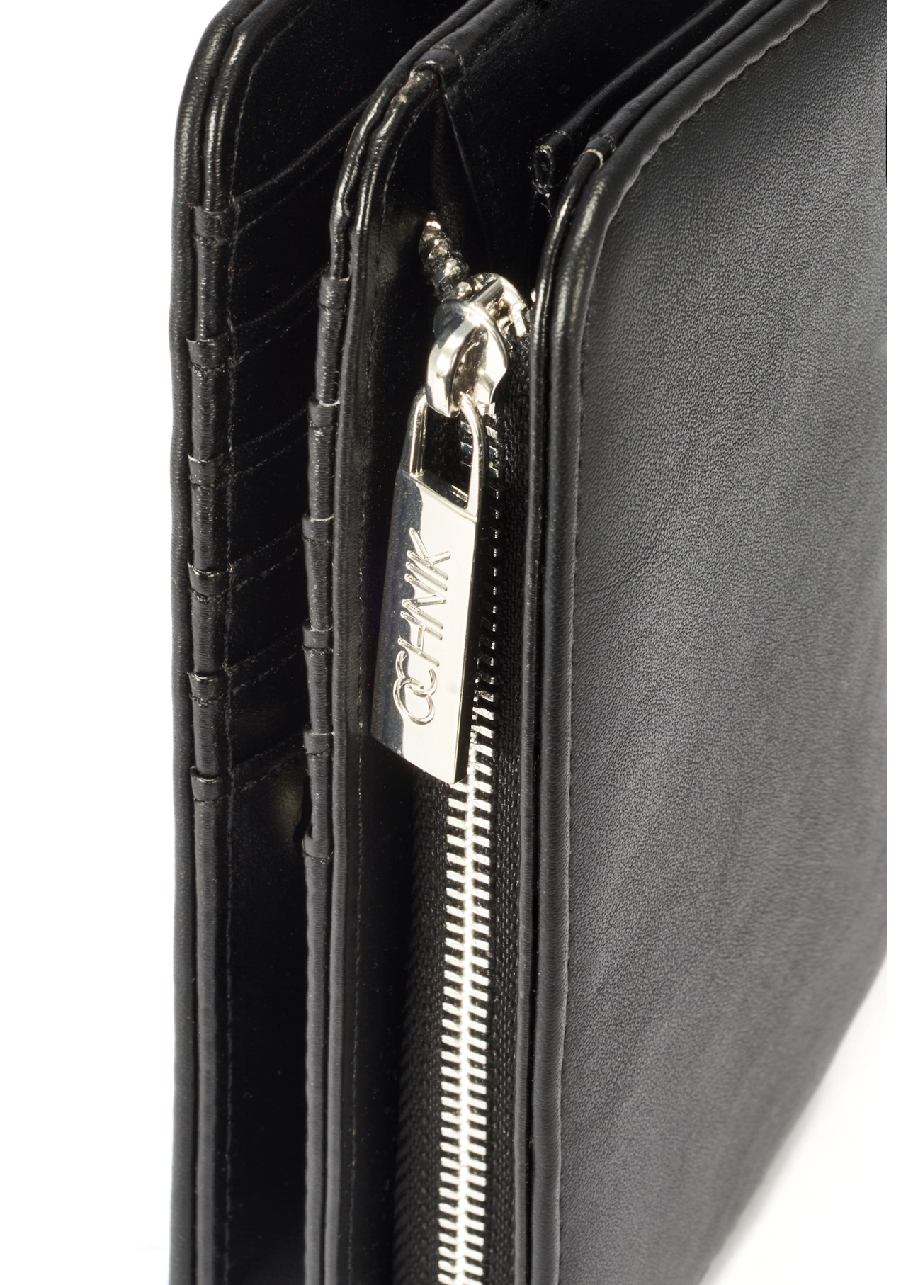 Black women's wallet with logo POREC-0401-99(W25), close-up of product detail on white background.