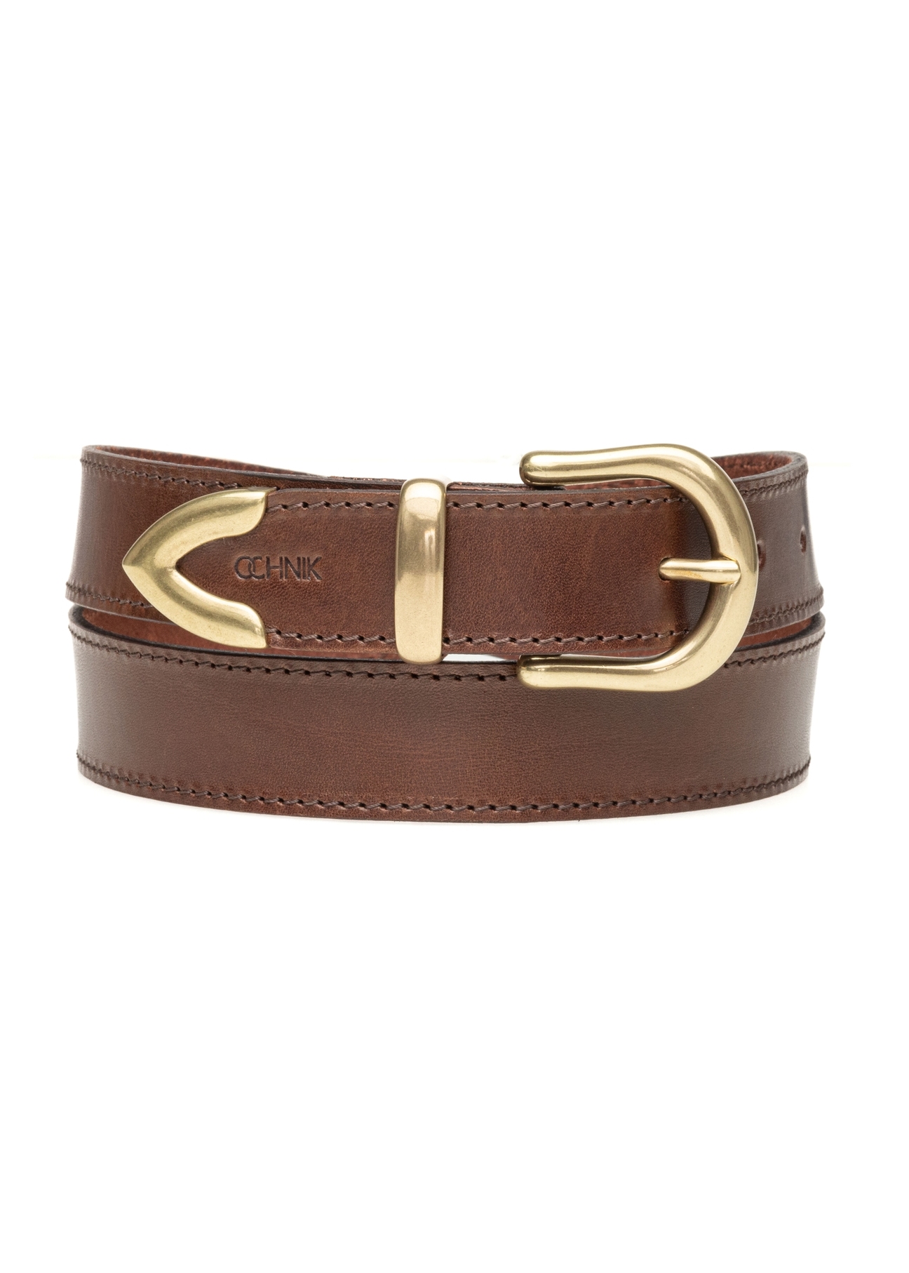 Women's brown leather belt PASDS-0340-1I(W26), front product view on white background.