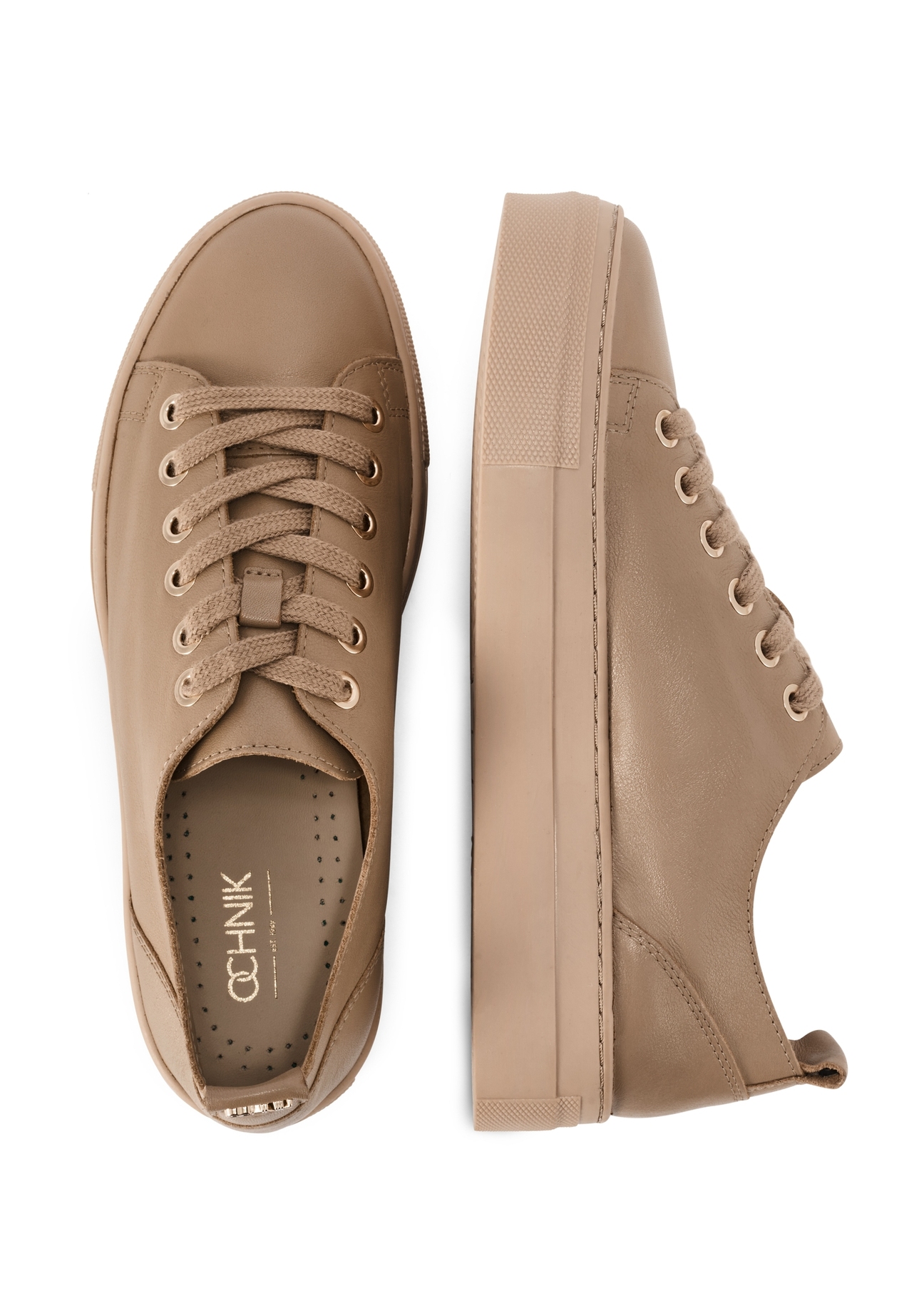 Beige women's leather sneakers BUTYD-1062-1B(W26) - front top view of the product, on a white background.