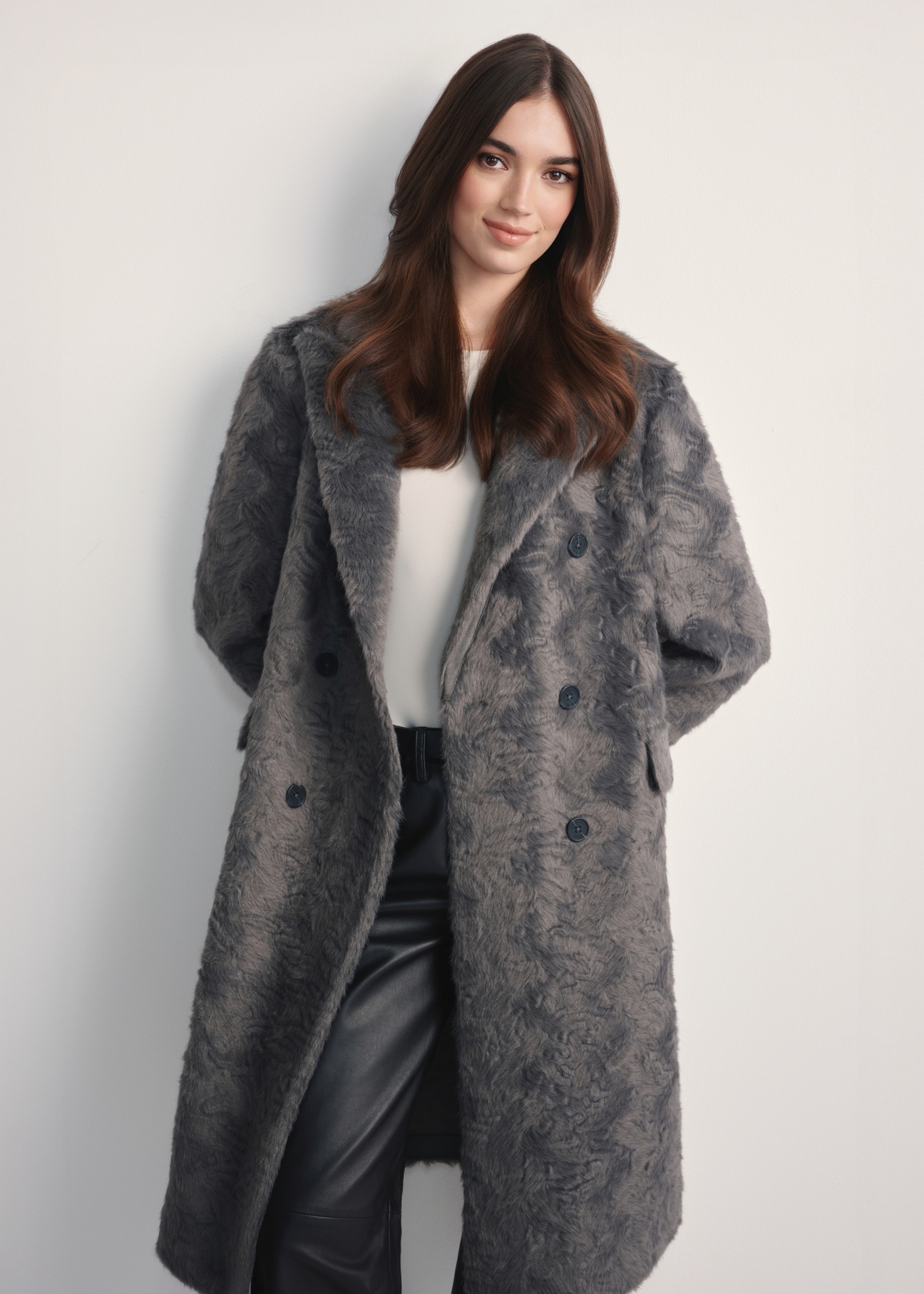 Women's gray long fur coat FUTDP-0066-96(Z25) front product view on model against white background. Half silhouette visible.
