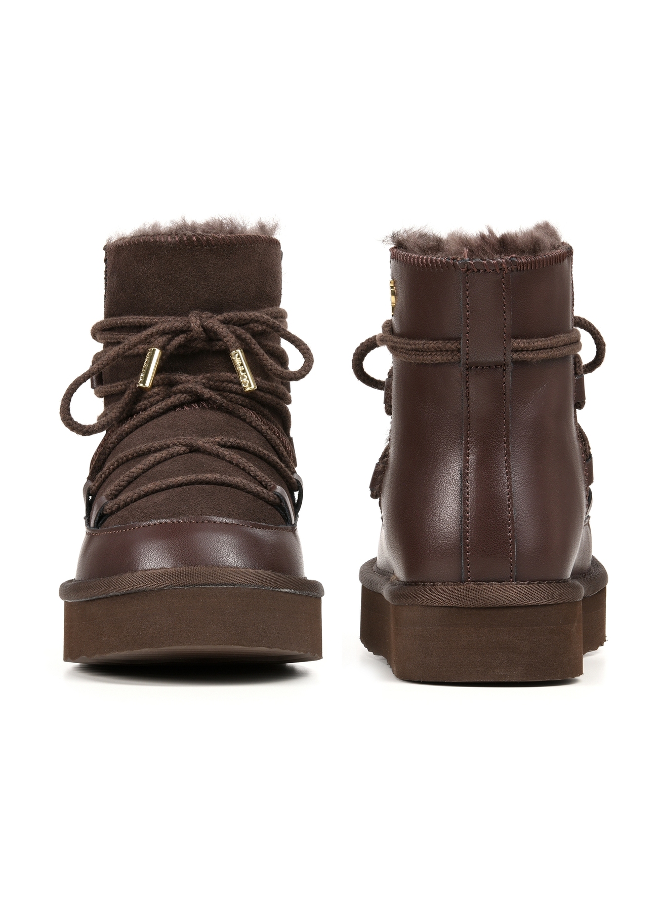 Chocolate women's snow boots BUTYD-1221-89(Z25), product view from the front and back on a white background.