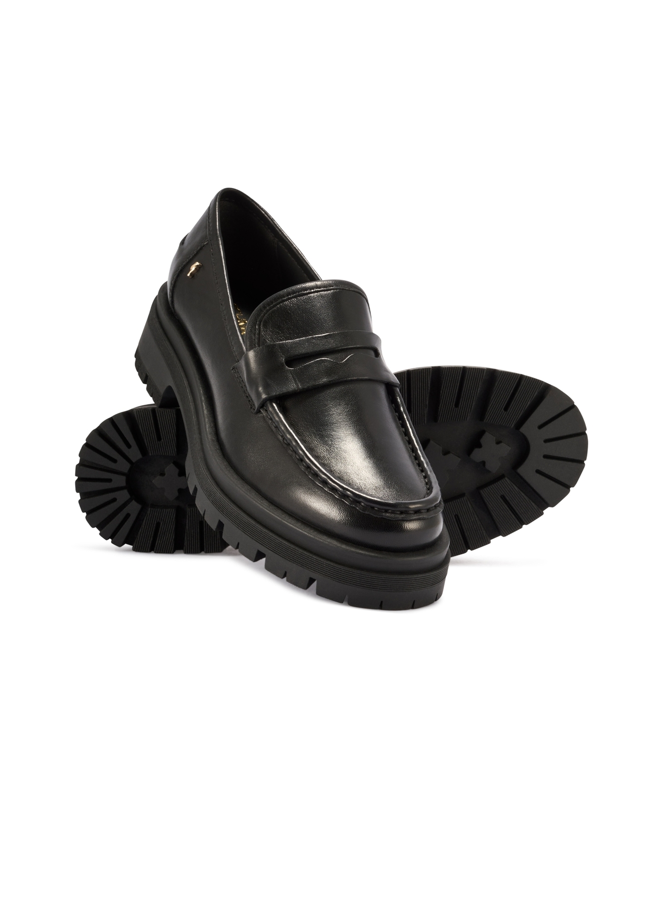 Women's black leather loafers BUTYD-1069-99(W26) - diagonal product view, on a white background.