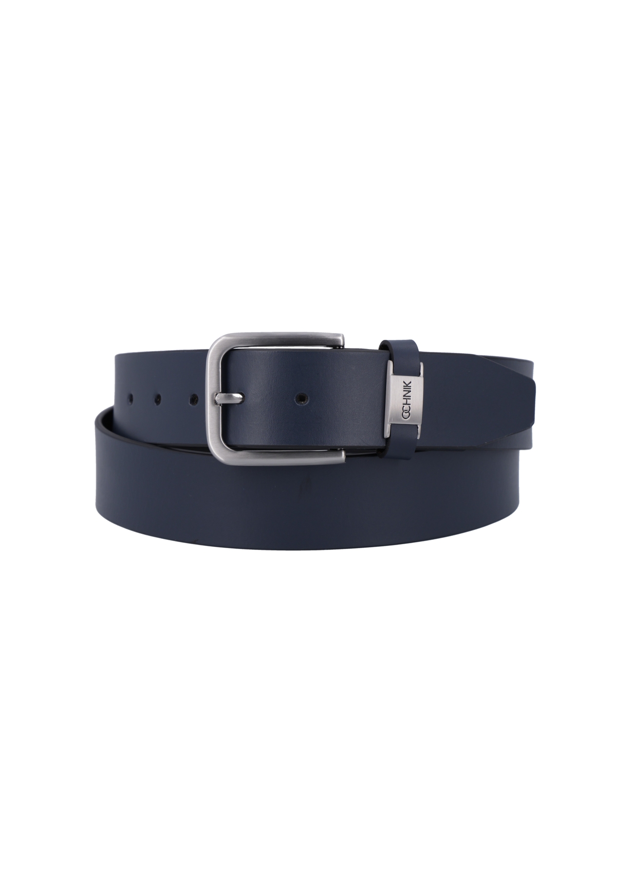 Navy blue men's leather belt PASMS-0273-69(Z26), product view from the front on a white background.