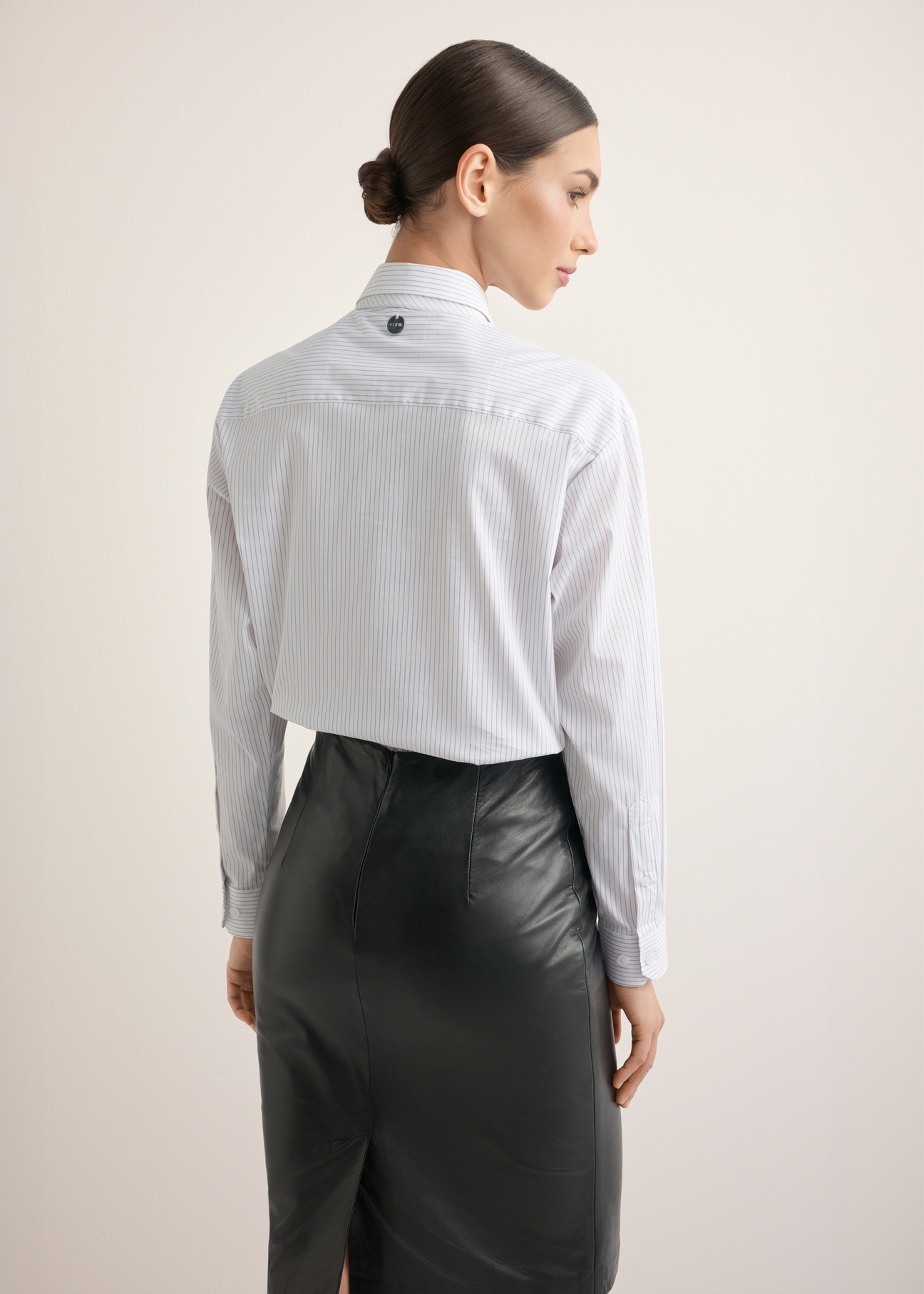 Women's striped shirt with tie KOSDT-0191-0A(Z26), product view from the back on the model, half of the silhouette visible.