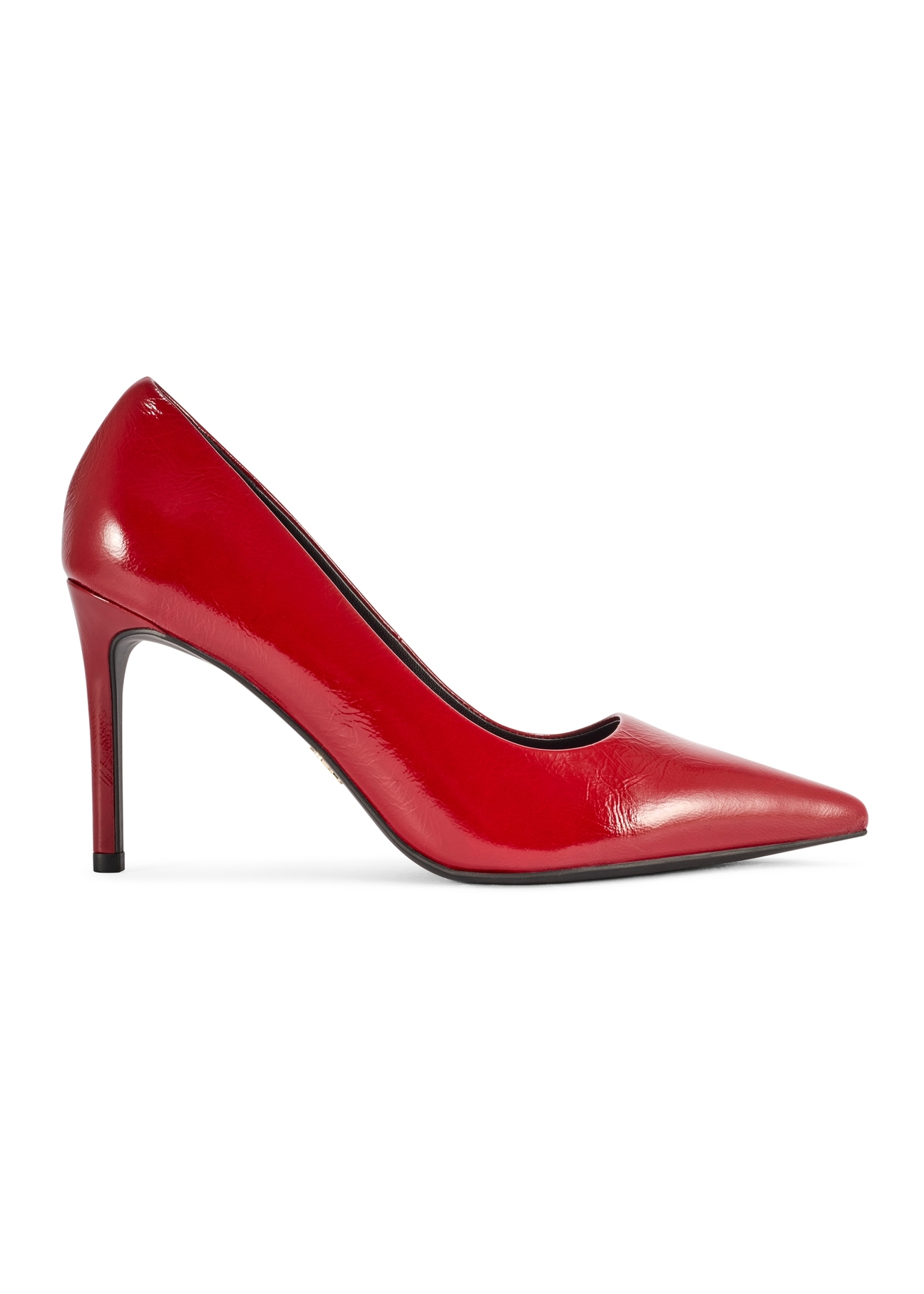 Red leather women's high heels BUTYD-1131A-4B(W26), product view from the side on a white background.
