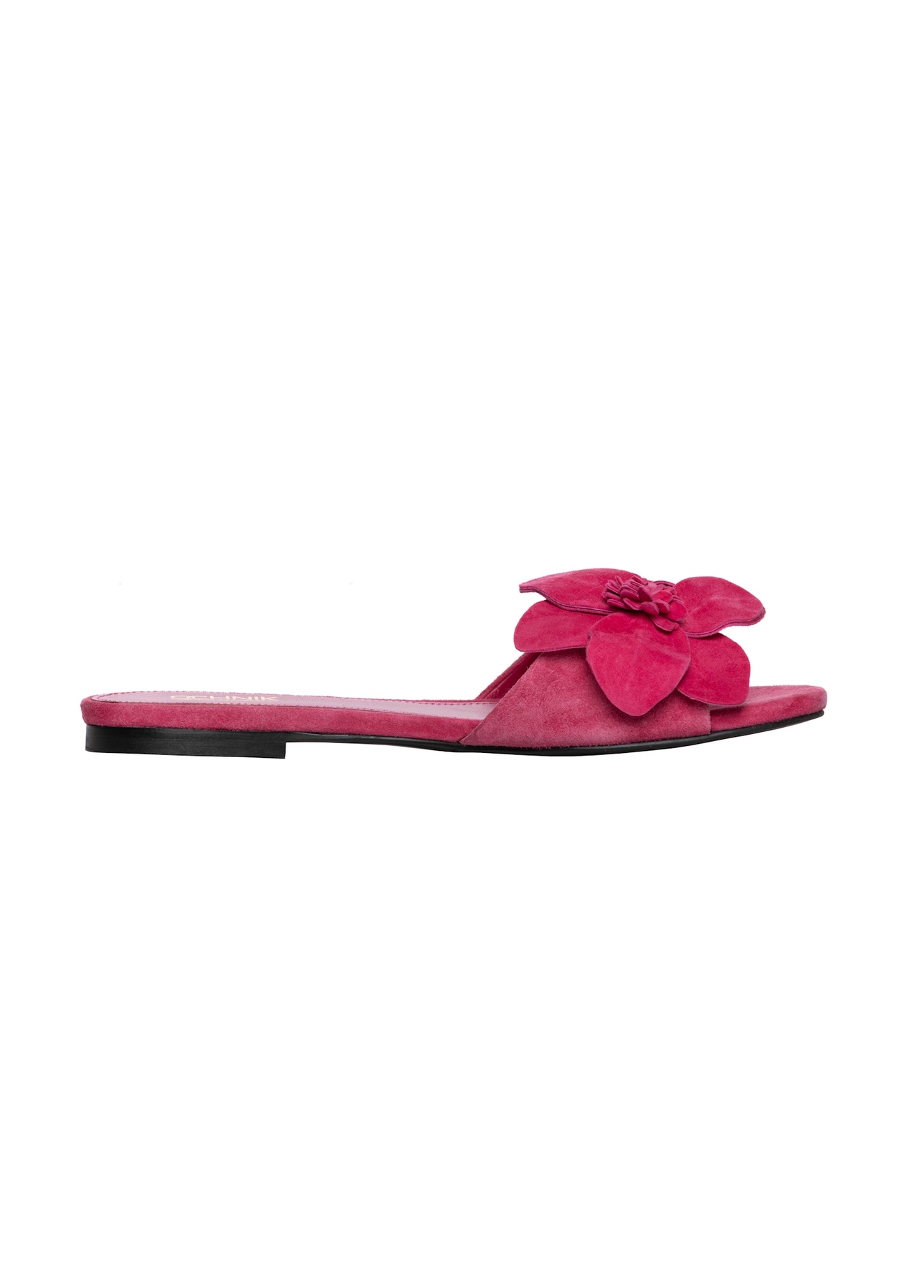 Women's fuchsia suede slides BUTYD-1237-5E(W26), side view of the product on a white background.
