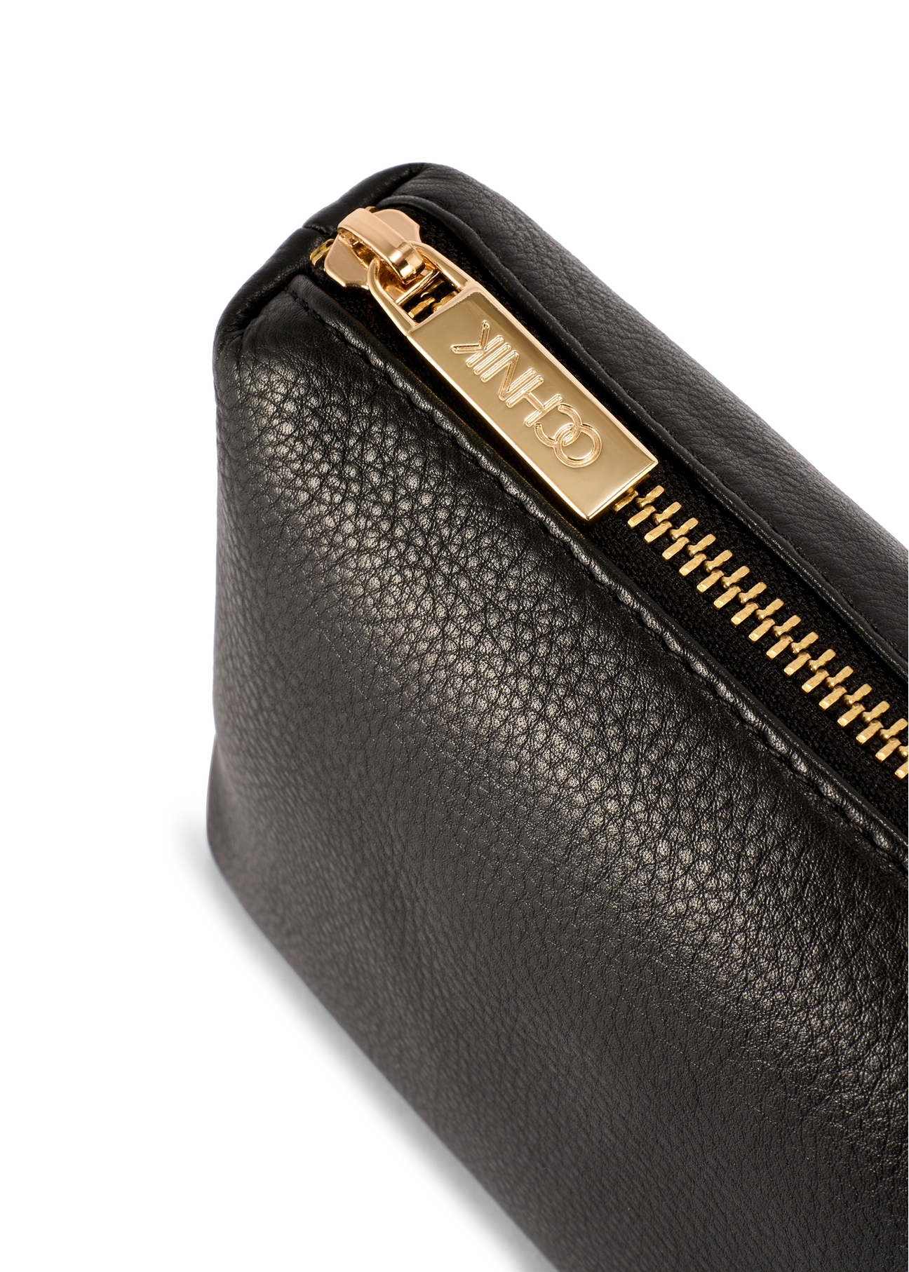 Black leather women's cosmetic bag TORES-1229-99(W26), close-up of product detail, view on white background.
