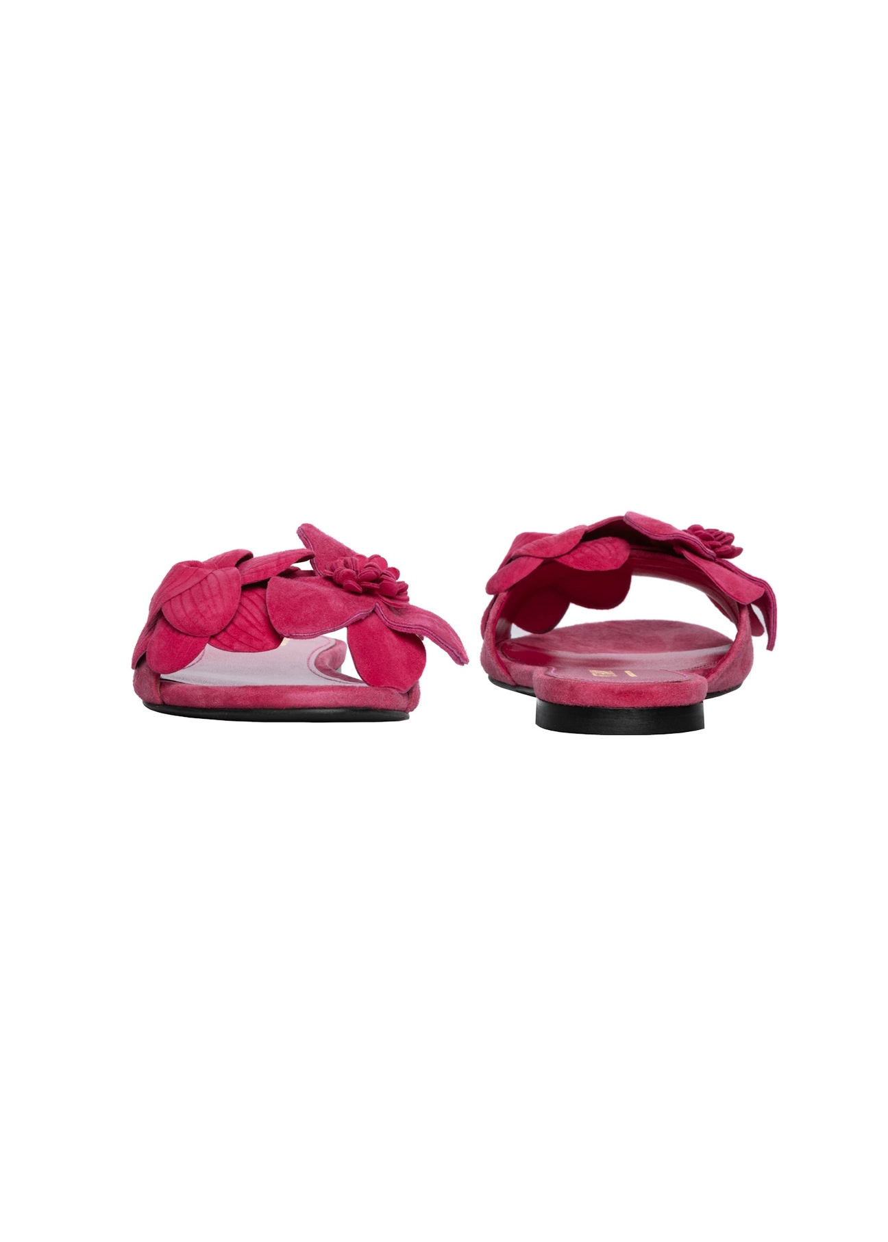 Women's fuchsia suede slides BUTYD-1237-5E(W26), front and back product view on white background.