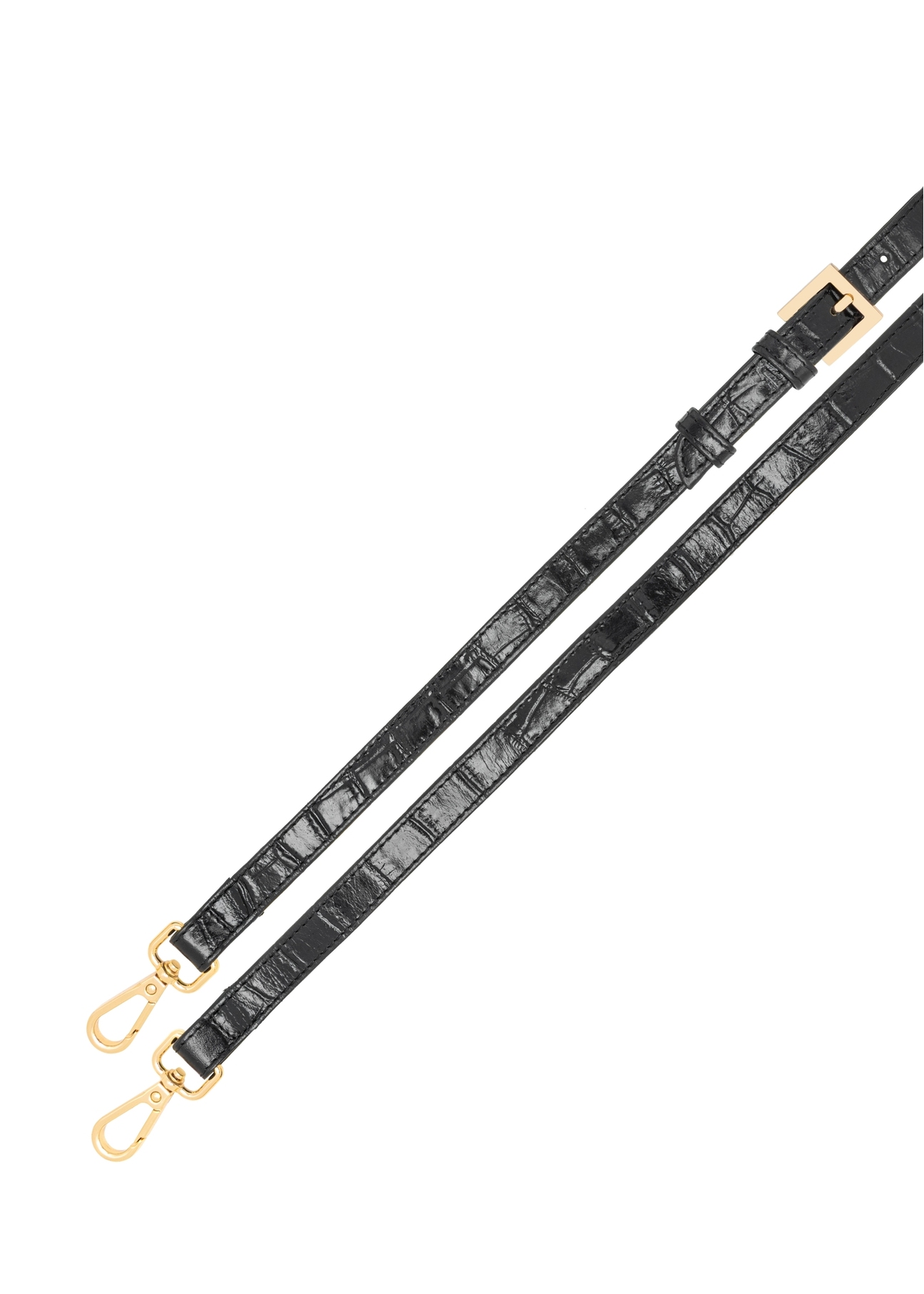 Black small croco leather handbag TORES-1233-9G(W26), close-up of the product's detachable strap, view on a white background.