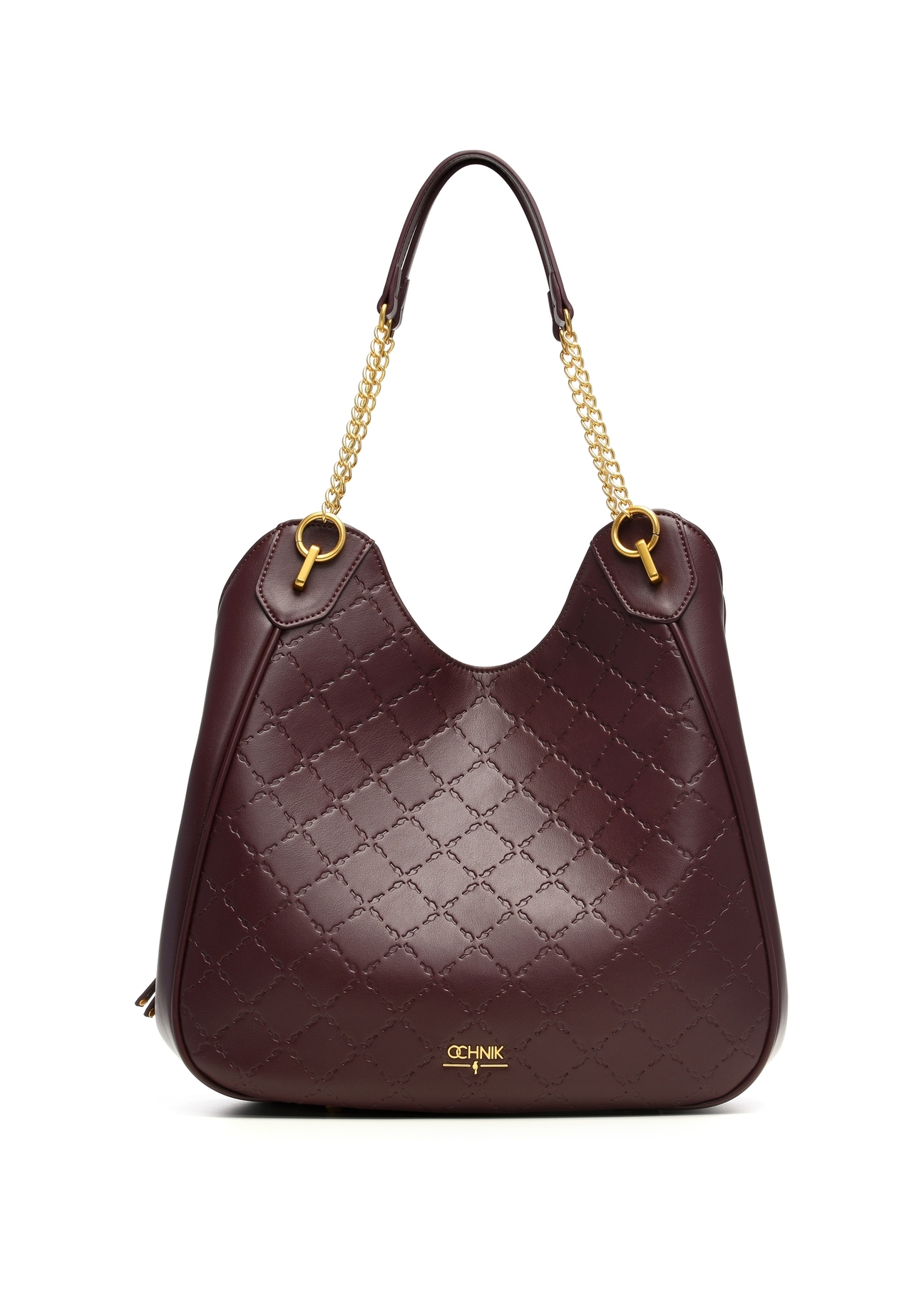 Burgundy women's shopper bag with monogram TOREC-1283-4P(Z26), product view from the front on a white background.