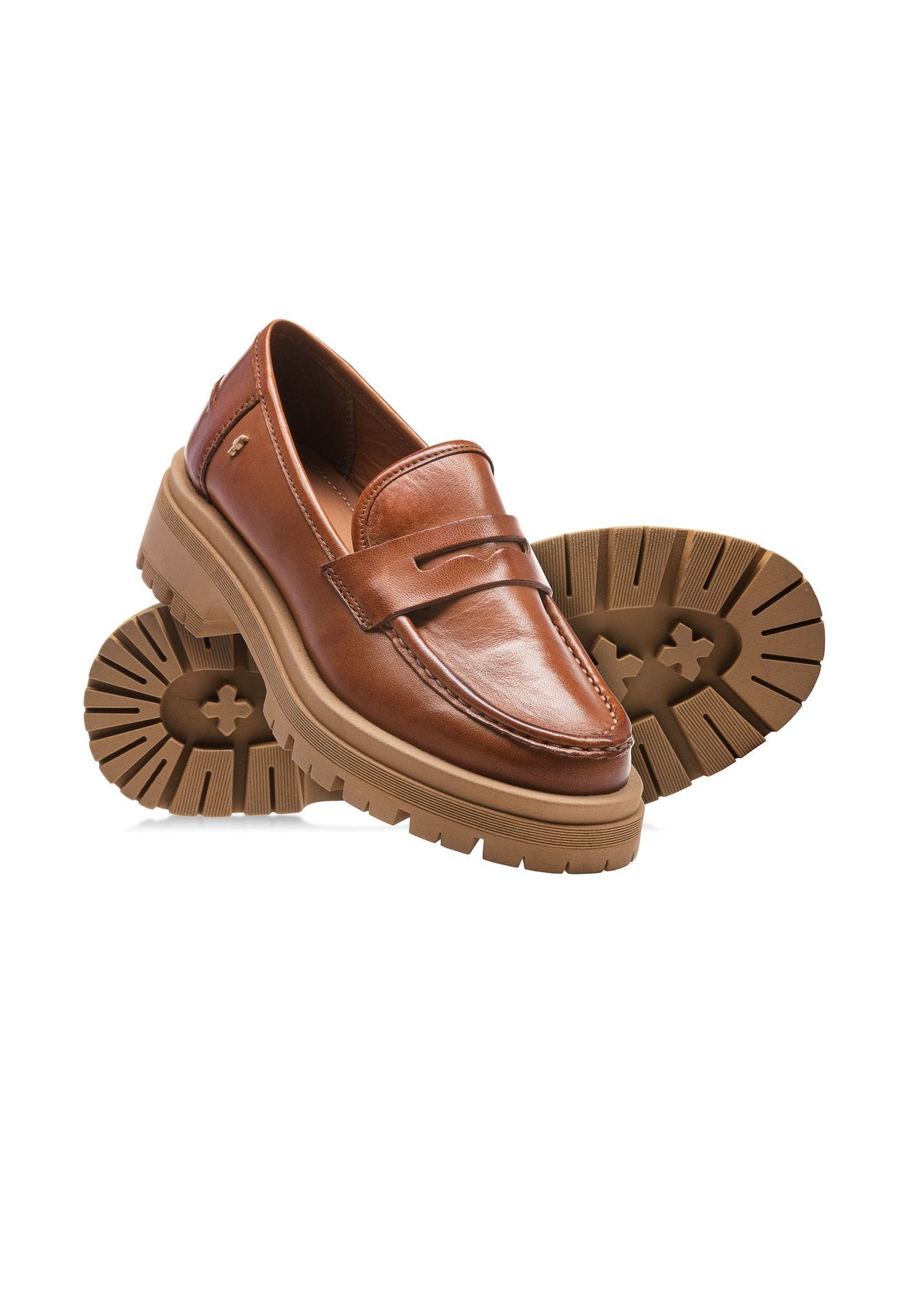 Cognac leather platform loafers BUTYD-1069-1F(W26), diagonal product view on white background.