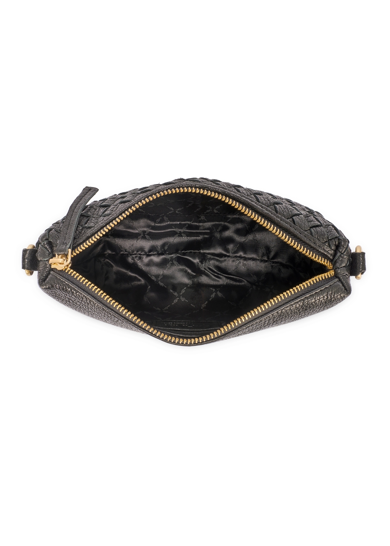 Black leather handbag with decorative weave TORES-1243-9P(W26), product view from the inside on a white background.