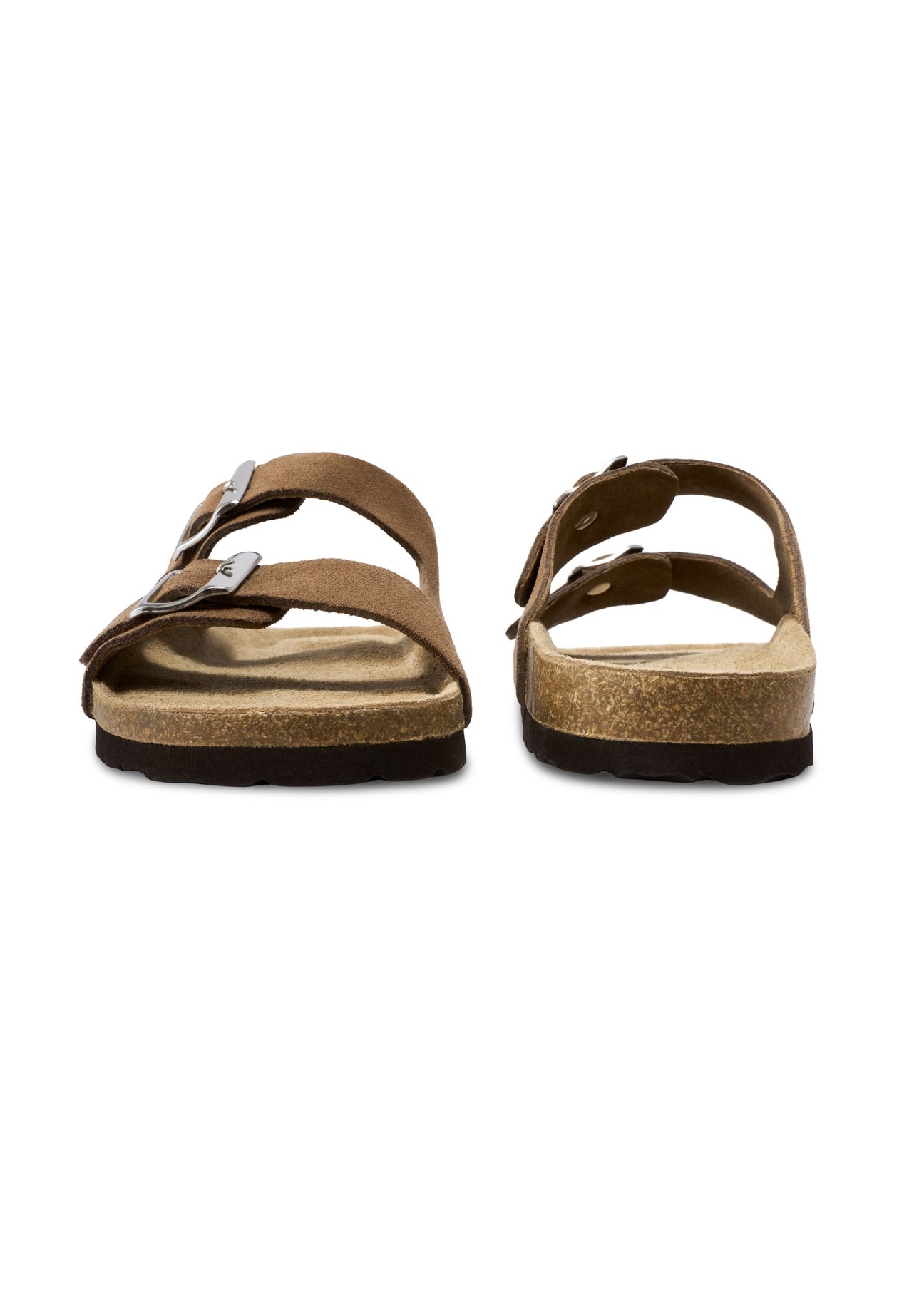 Men's leather flip-flops in camel color BUTYM-0495-1D(W26) - front and back view of the product, on a white background.