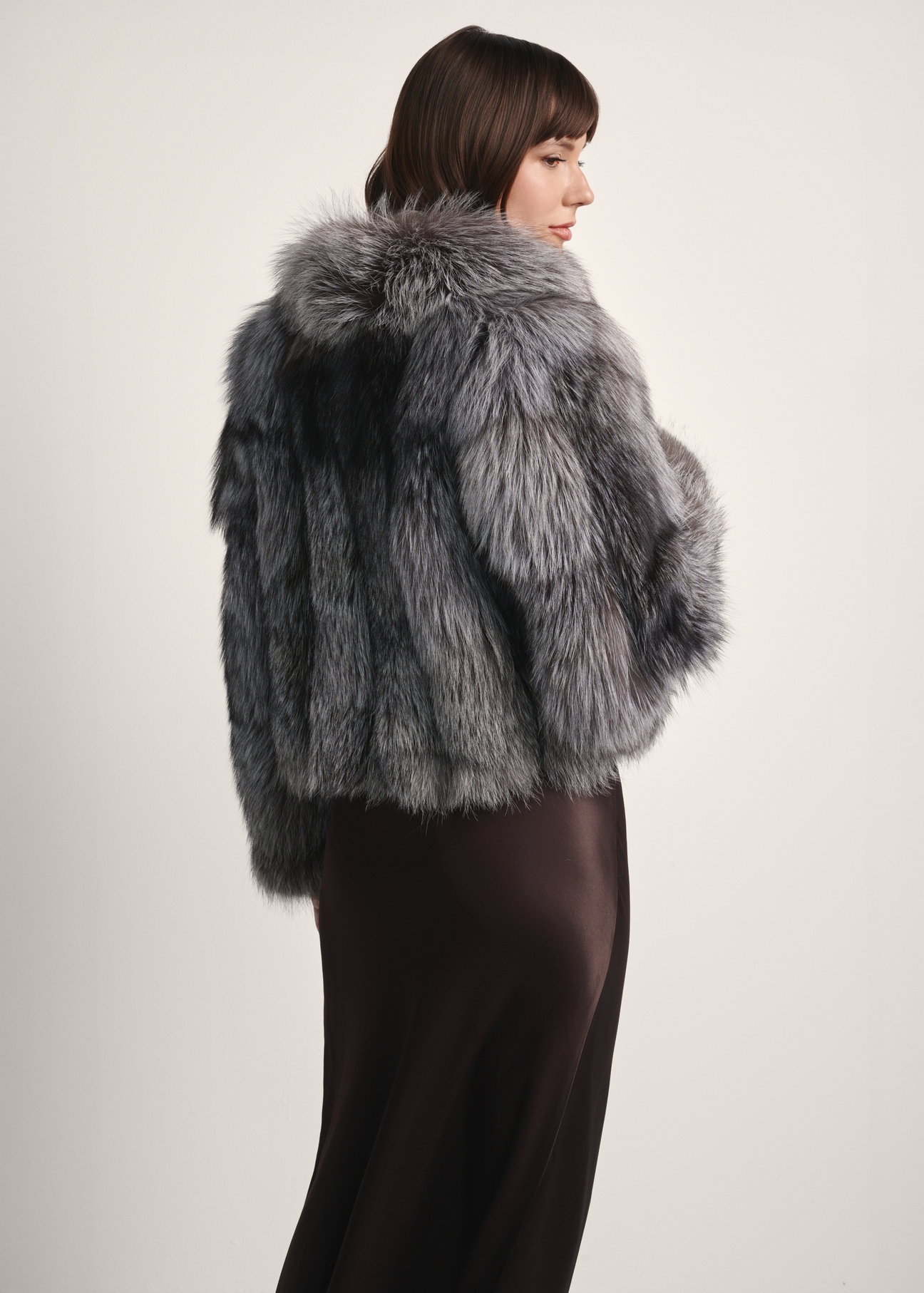 Women's natural fur coat in gray color FUTDF-0110-3179(Z25), product view from the back on a white background.