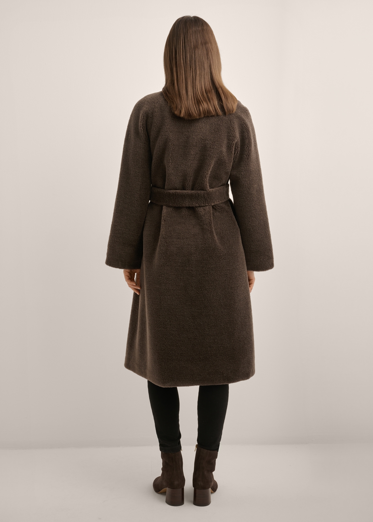Women's brown wool fur coat FUTDW-0041-1I(Z26), product view from the back on the model. Full body visible.