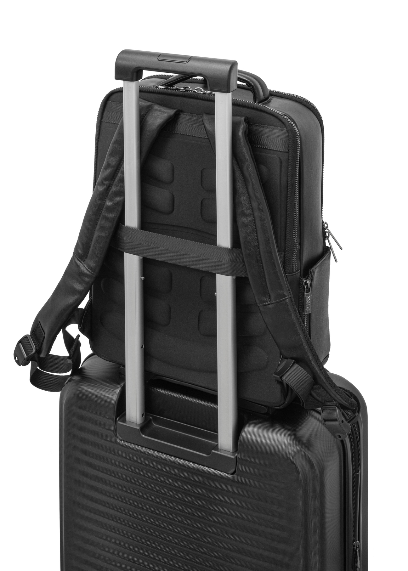 Men's black leather backpack PLCMS-0024-99(W26) - product view from the back, on a white background.