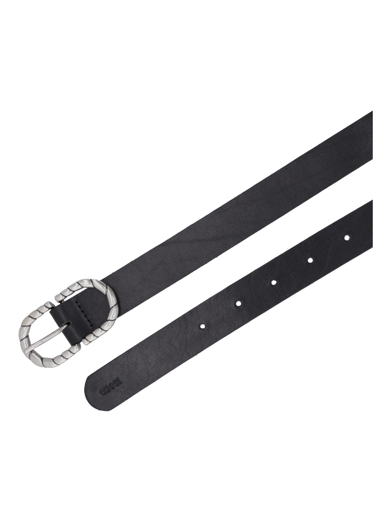 Black leather belt with decorative buckle PASDS-0354-99(Z26), top view of the product on a white background.