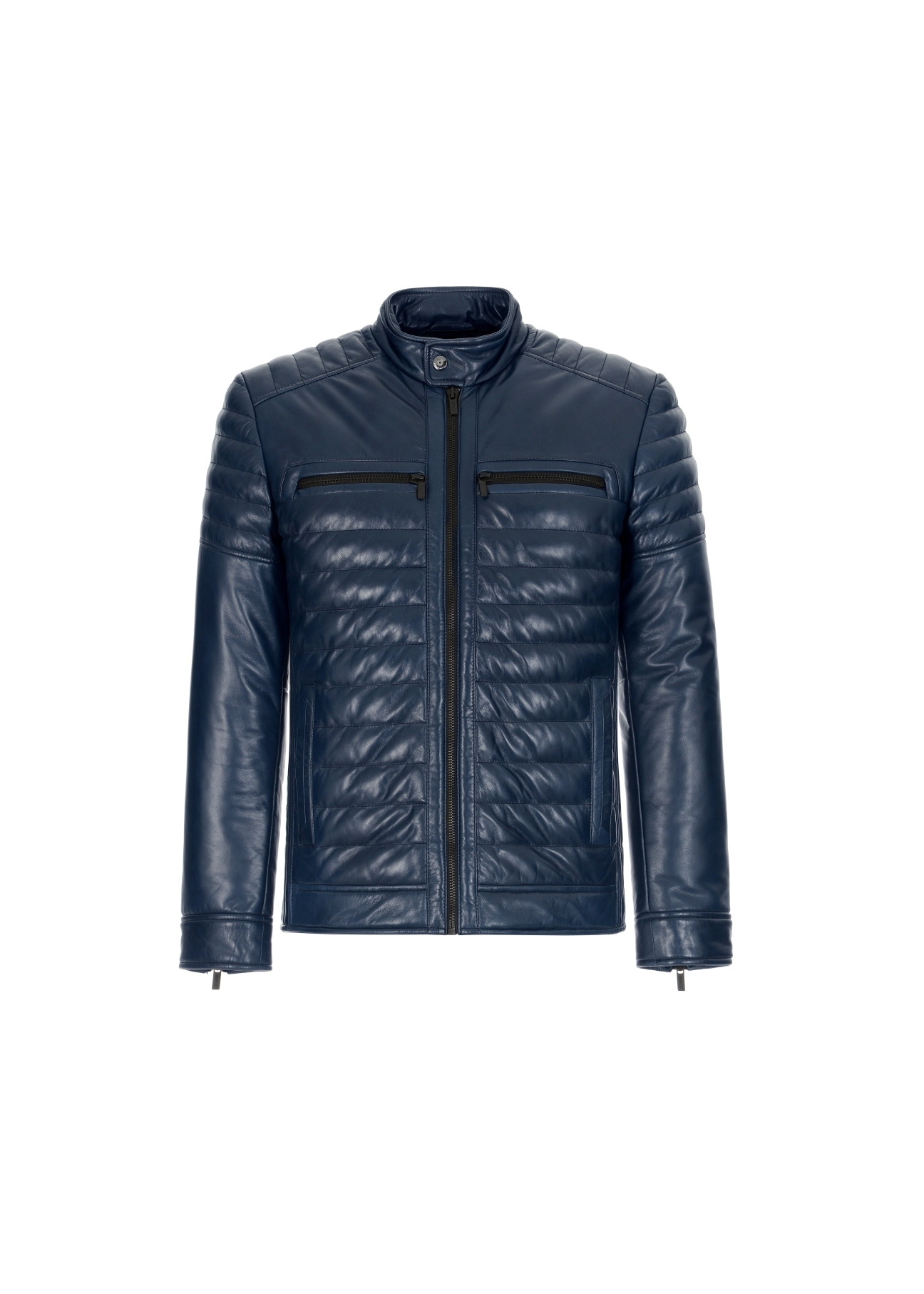 Men's navy blue glossy leather jacket KURMS-0195-4517(Z21)-04