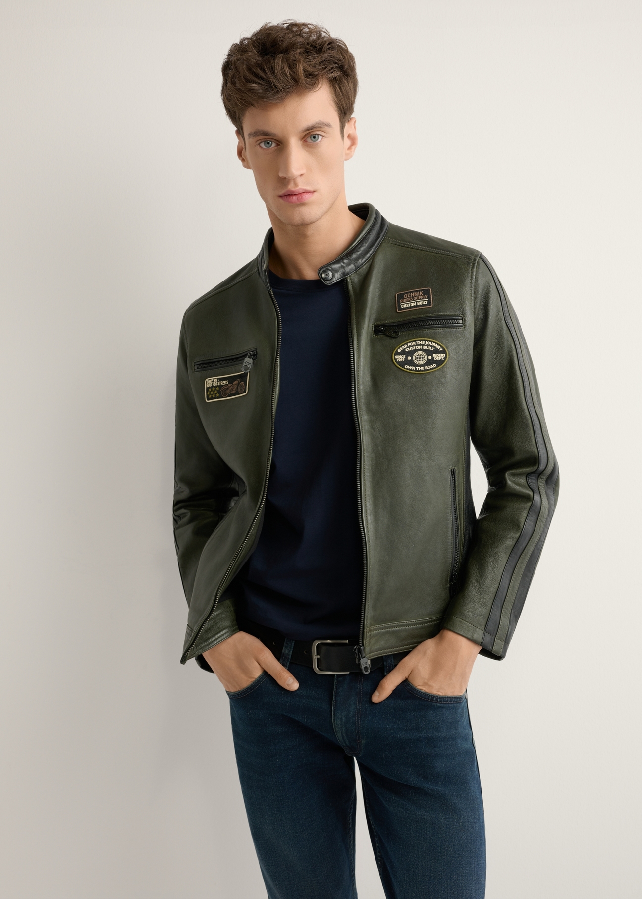 Men's Khaki Leather Jacket KURMS-0399-8D(W26) - Front product view, modeled against a light background. Half of the silhouette visible.