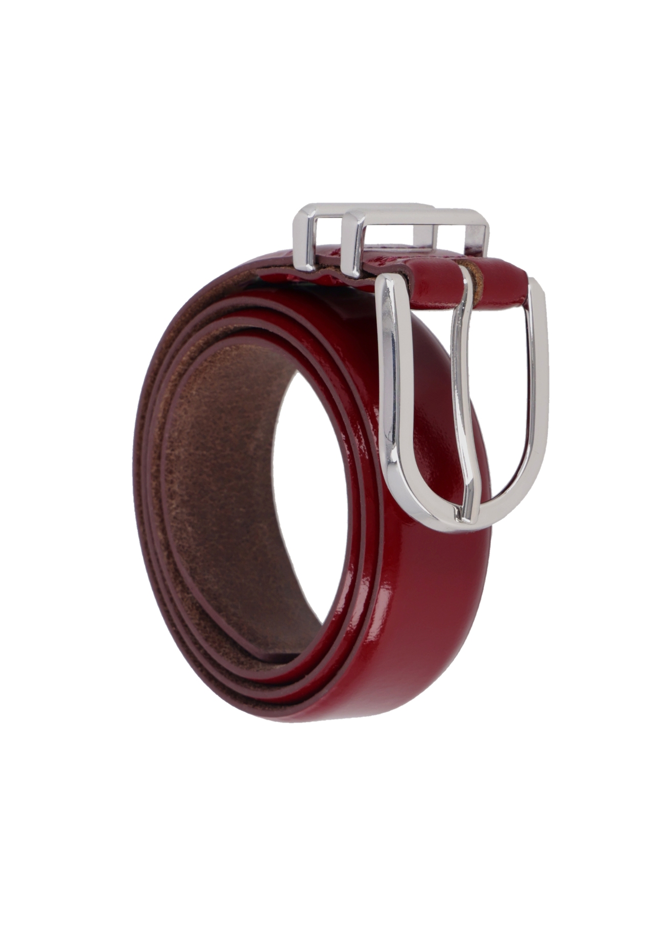 Red leather women's belt PASDS-0159-4C(Z26), rolled-up view of the product on a white background.