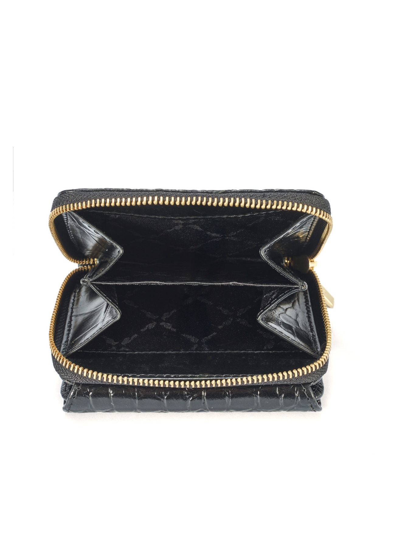 Small leather black women's croco wallet PORES-0957-99(W25), view of the inside of the product on a white background.