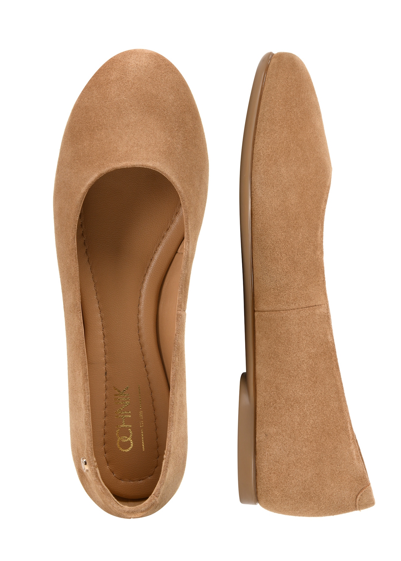 Women's suede ballet flats in beige color BUTYD-1247-1B(W26), product view from above on a white background.