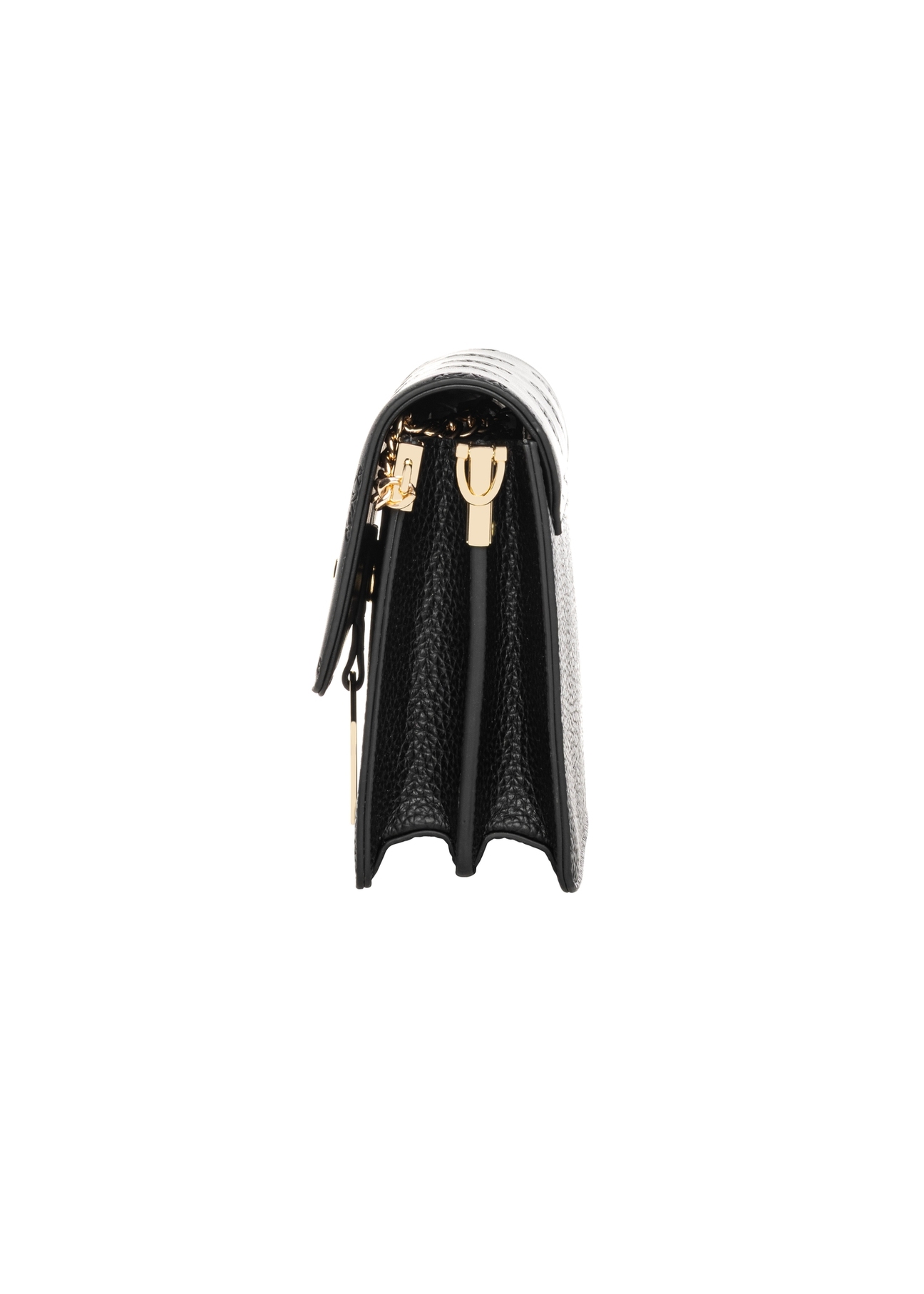 Black women's handbag with monogram TOREC-0536C-9P(W26), product view from the side on a white background.