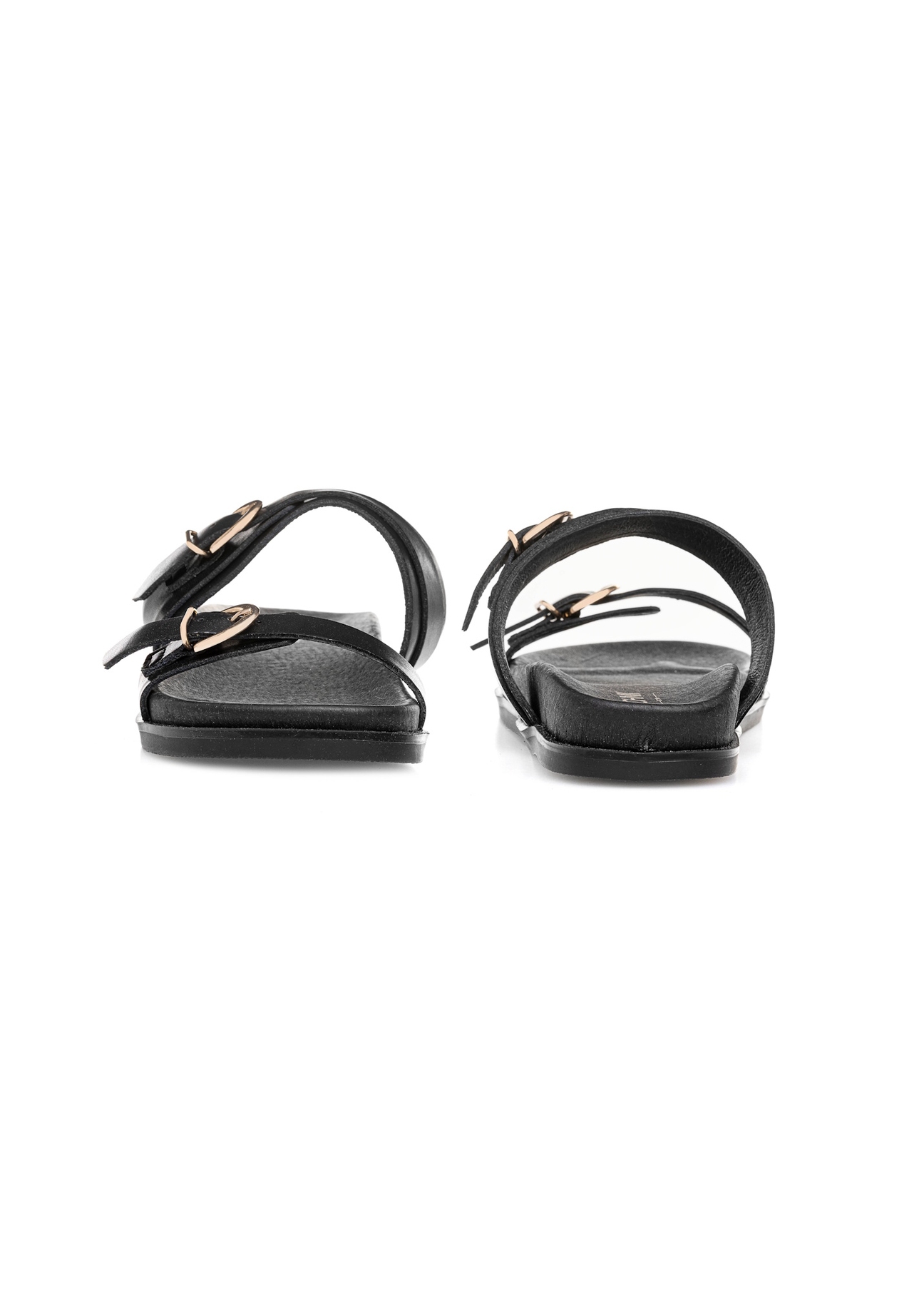 Black women's leather flip-flops BUTYD-1160-99(W25), front and back product view on white background.
