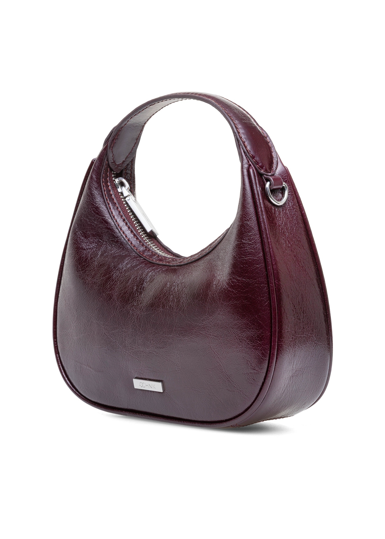 Small burgundy leather hobo bag TORES-1174-49(Z25), diagonal product view on white background.