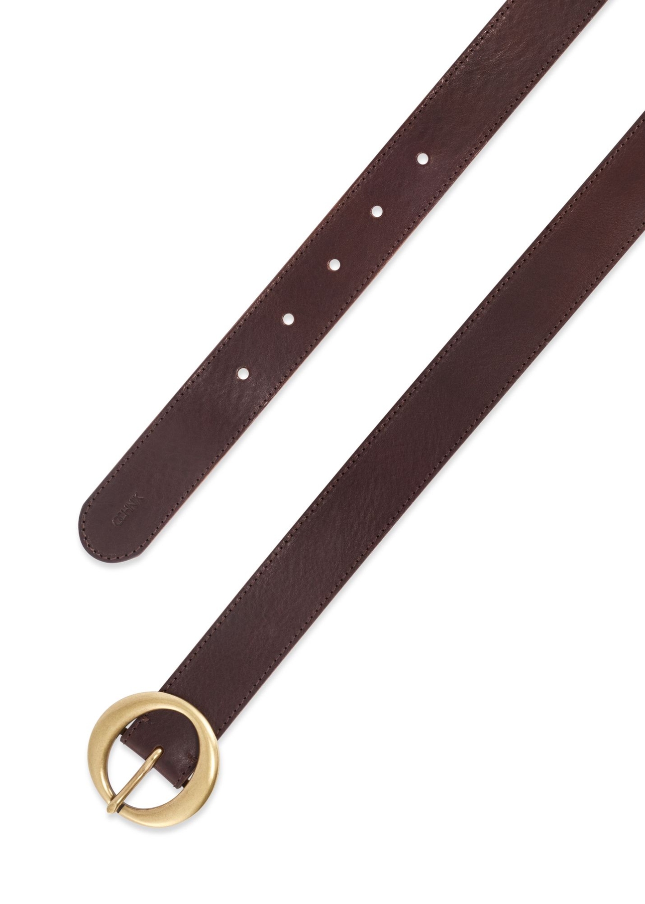Dark brown leather women's belt PASDS-0353-1I(Z26) - product view from above, on white background.