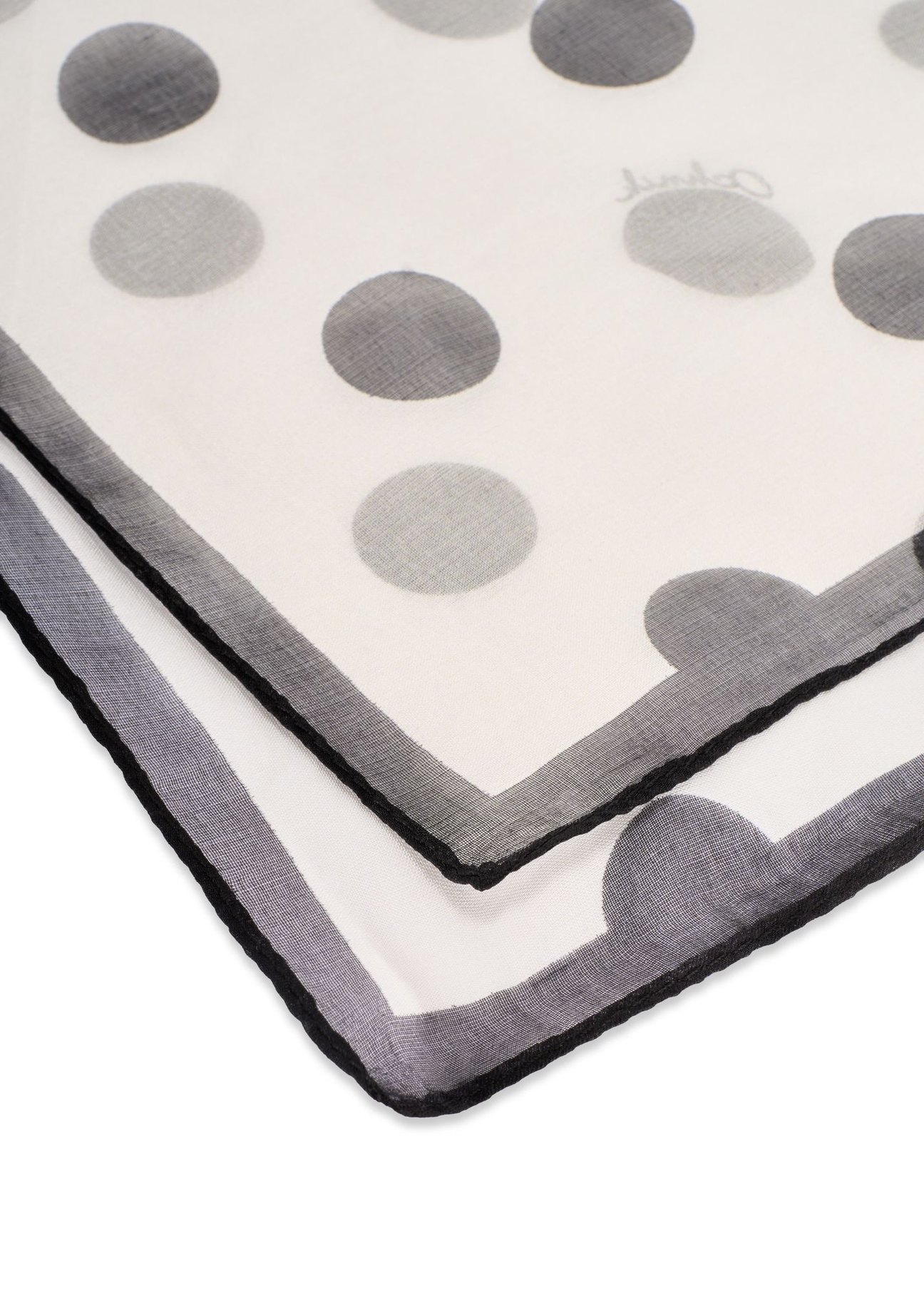 Women's silk scarf with polka dots SZADT-0218-0P(W26) - close-up detail, on white background.
