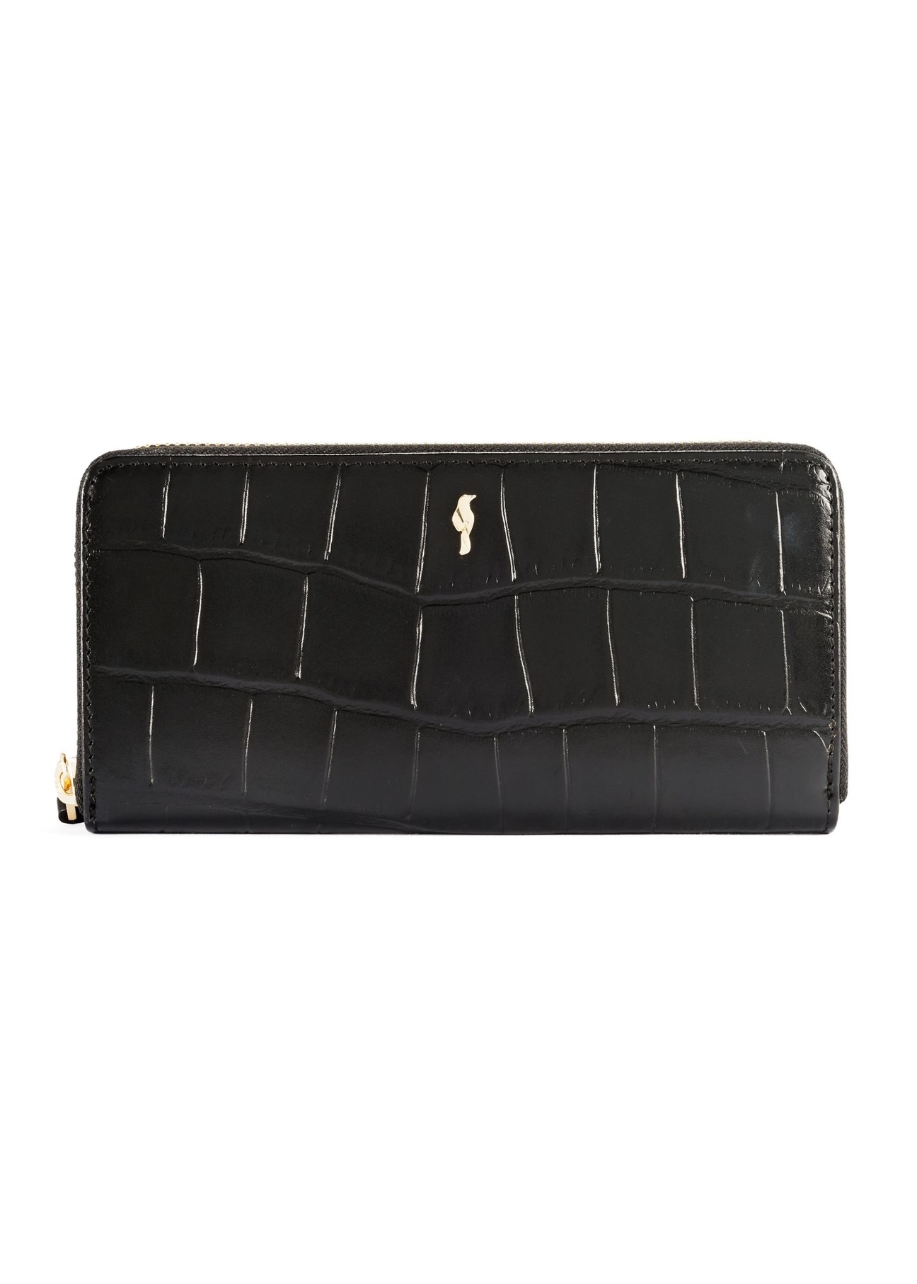 Black large women's croco wallet PORES-0908-9G(Z26) - front product view, on white background.
