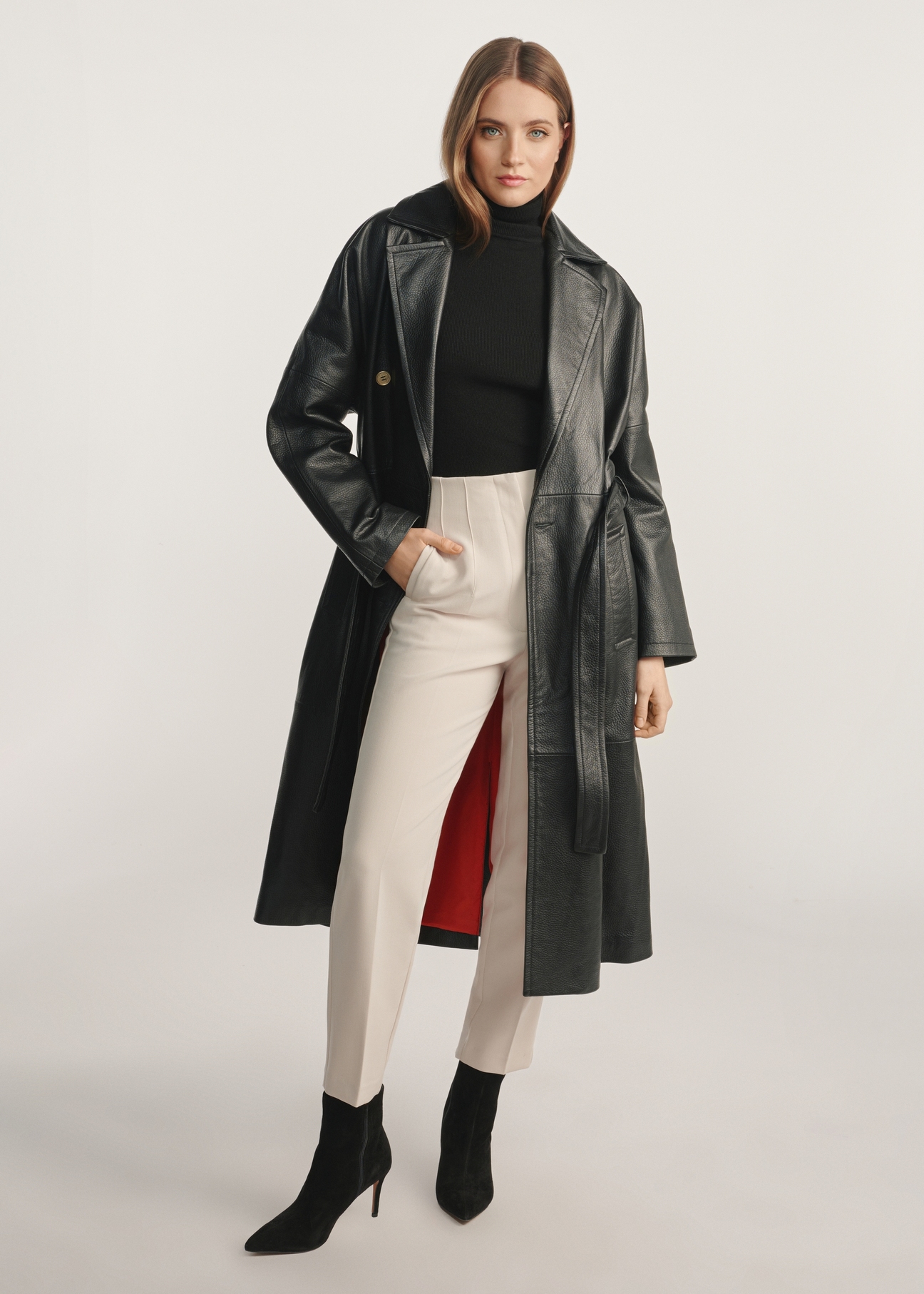 Women's black leather coat KURDS-0487-1192(Z25) - front view of the product on a model against a white background. Full body silhouette visible.