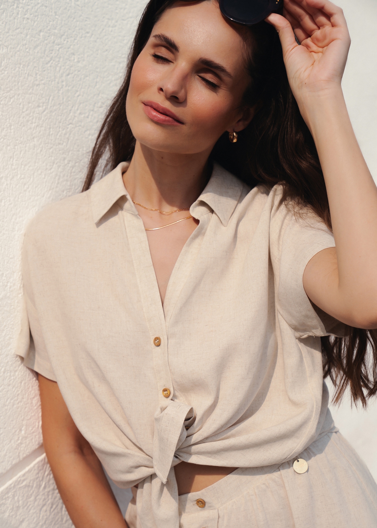 Beige women's linen shirt KOSDT-0179-81(W25)