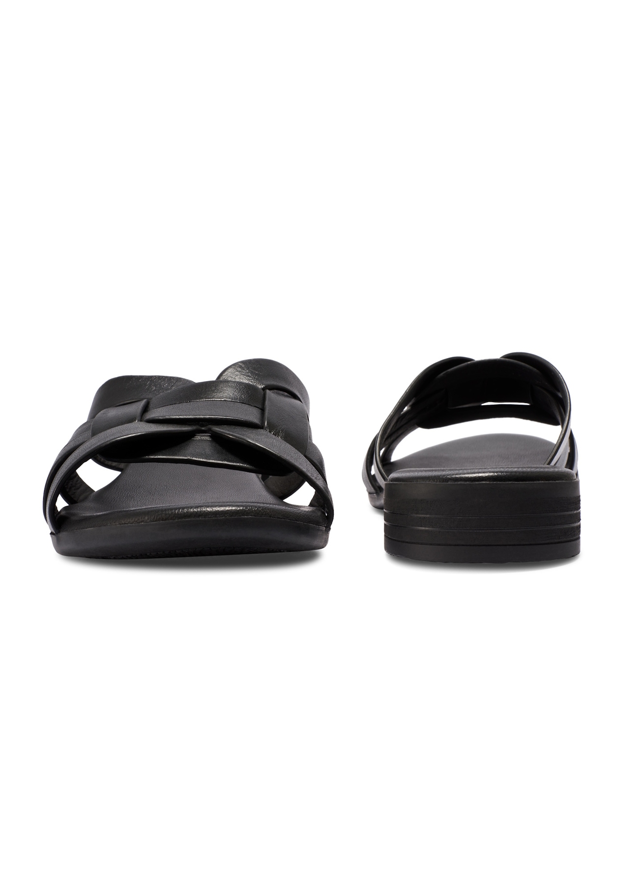 Women's leather flip-flops in black BUTYD-1266-99(W26), front and back view of the product on a white background.