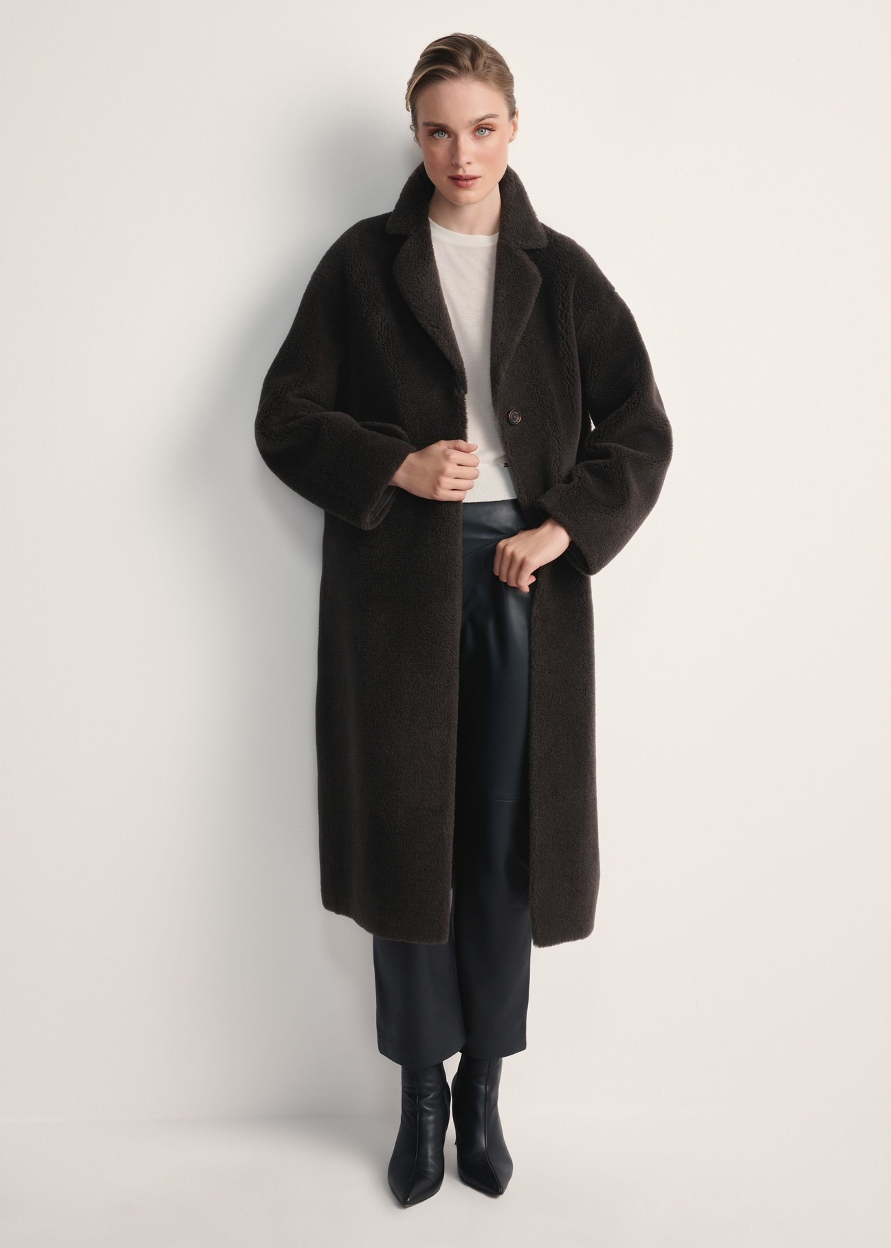 Long graphite women's wool fur coat FUTDW-0034-9D(Z26) - front product view on a white background. Full silhouette visible.