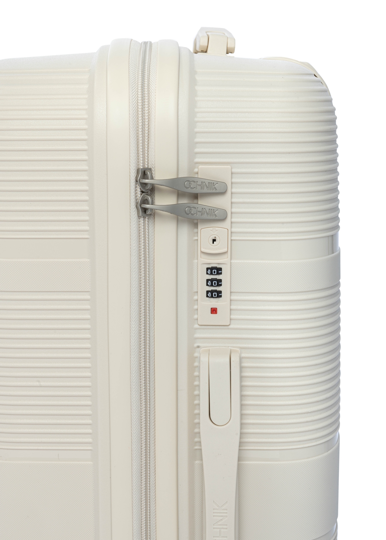 Small suitcase on wheels WALPP-0022-0C-19(W26), close-up of the product zipper, view on a white background.