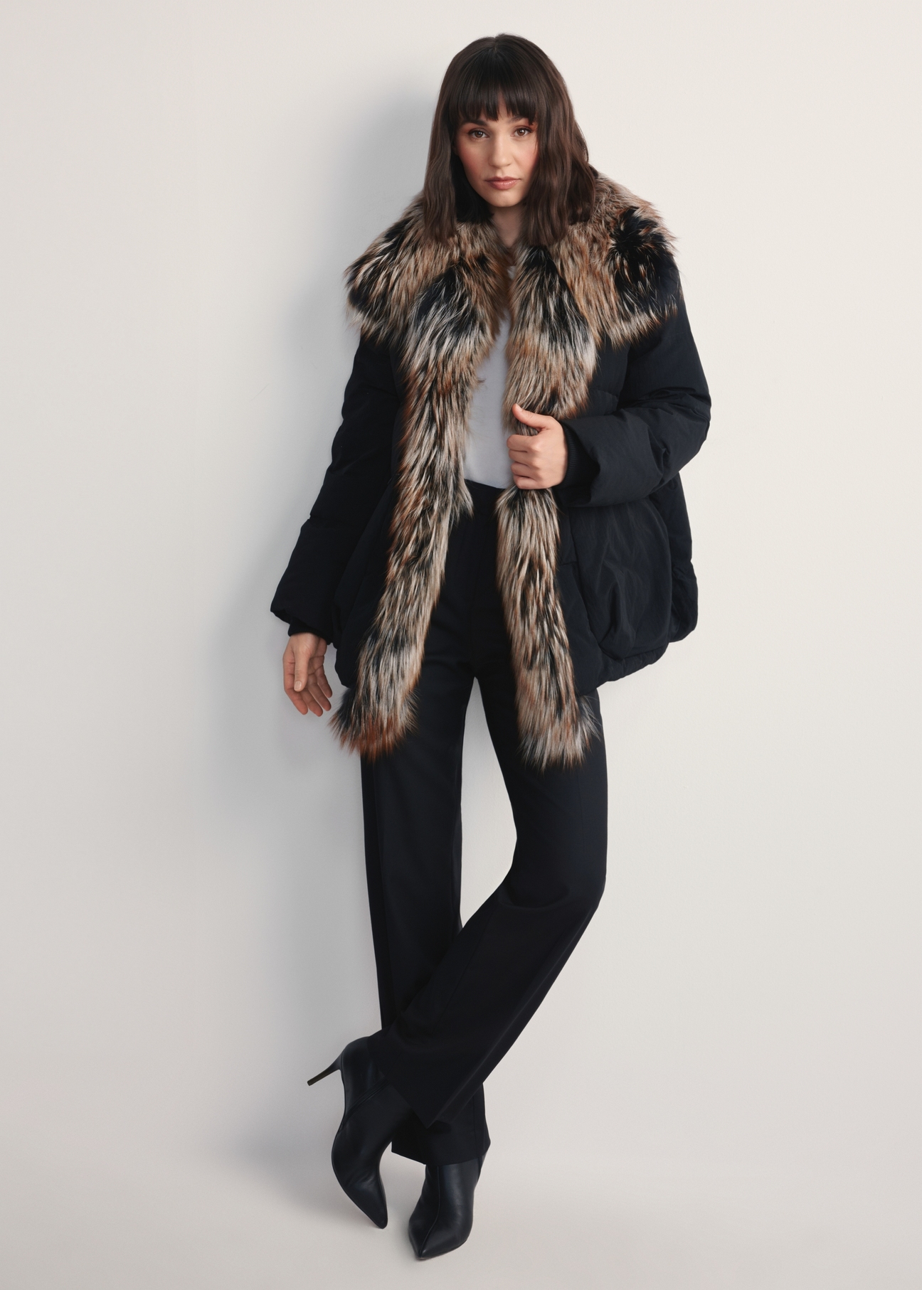 Women's black winter jacket with natural fur KURDT-0592-99(Z25) - front product view on white background. Full body visible.