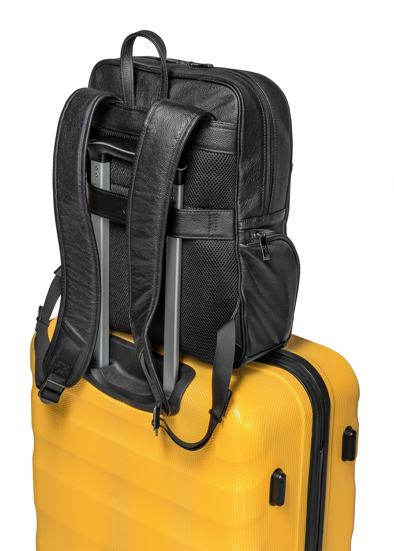 Men's leather black backpack TORMS-0477-99(Z25), product view from the back on the suitcase, view on a white background.