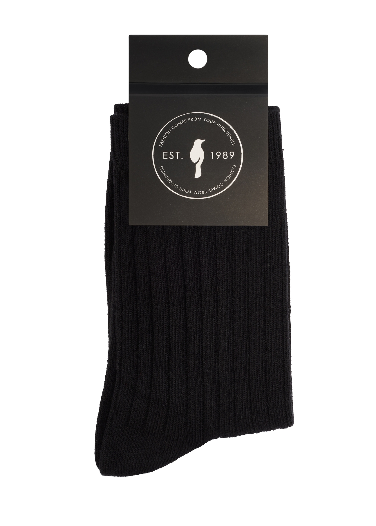 Black ribbed long women's socks SKADT-0072-99(W26), product view with packaging on white background.