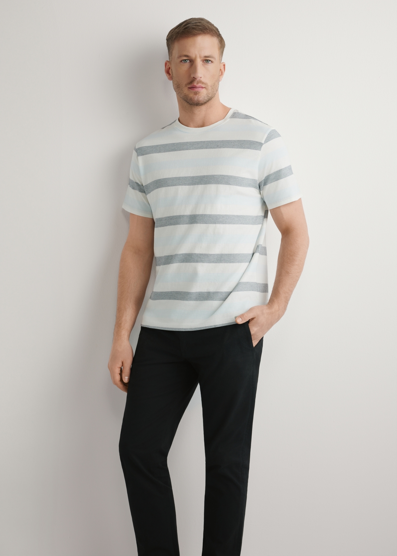 Men's striped cotton t-shirt TSHMT-0143-00(W26), front view of the product on the model. Half of the silhouette visible.