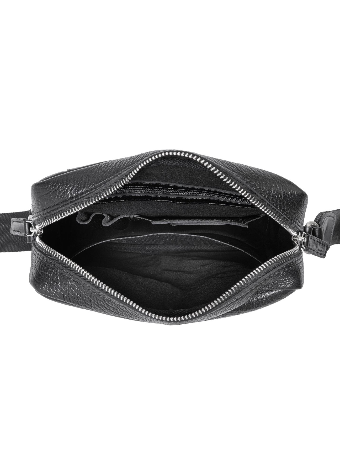 Black leather men's bag with logo TORMS-0297A-99(Z25) - top view of the product on a white background.