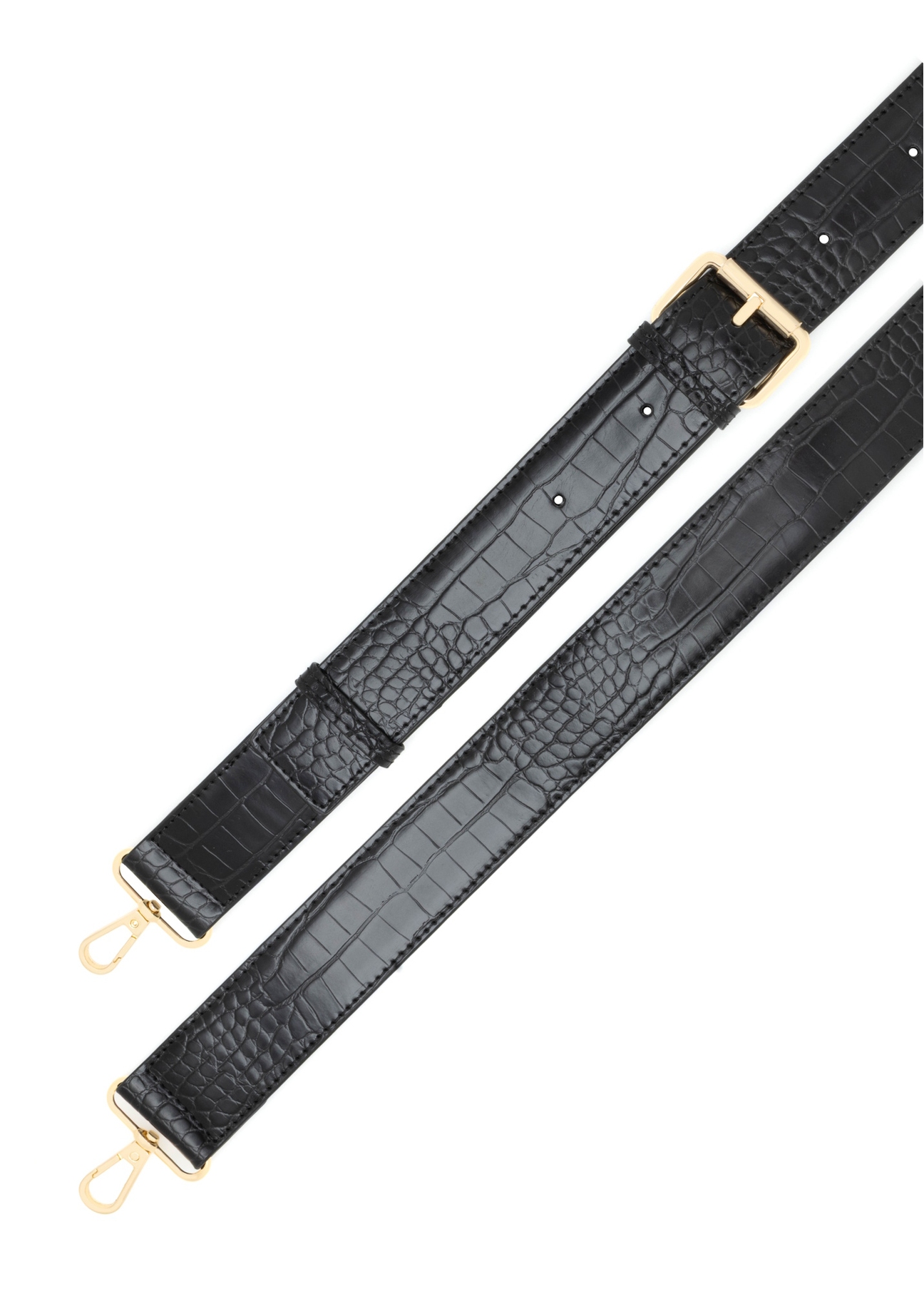 Black small women's croco handbag TOREC-1172-9G(W26), view of the product strap on a white background.