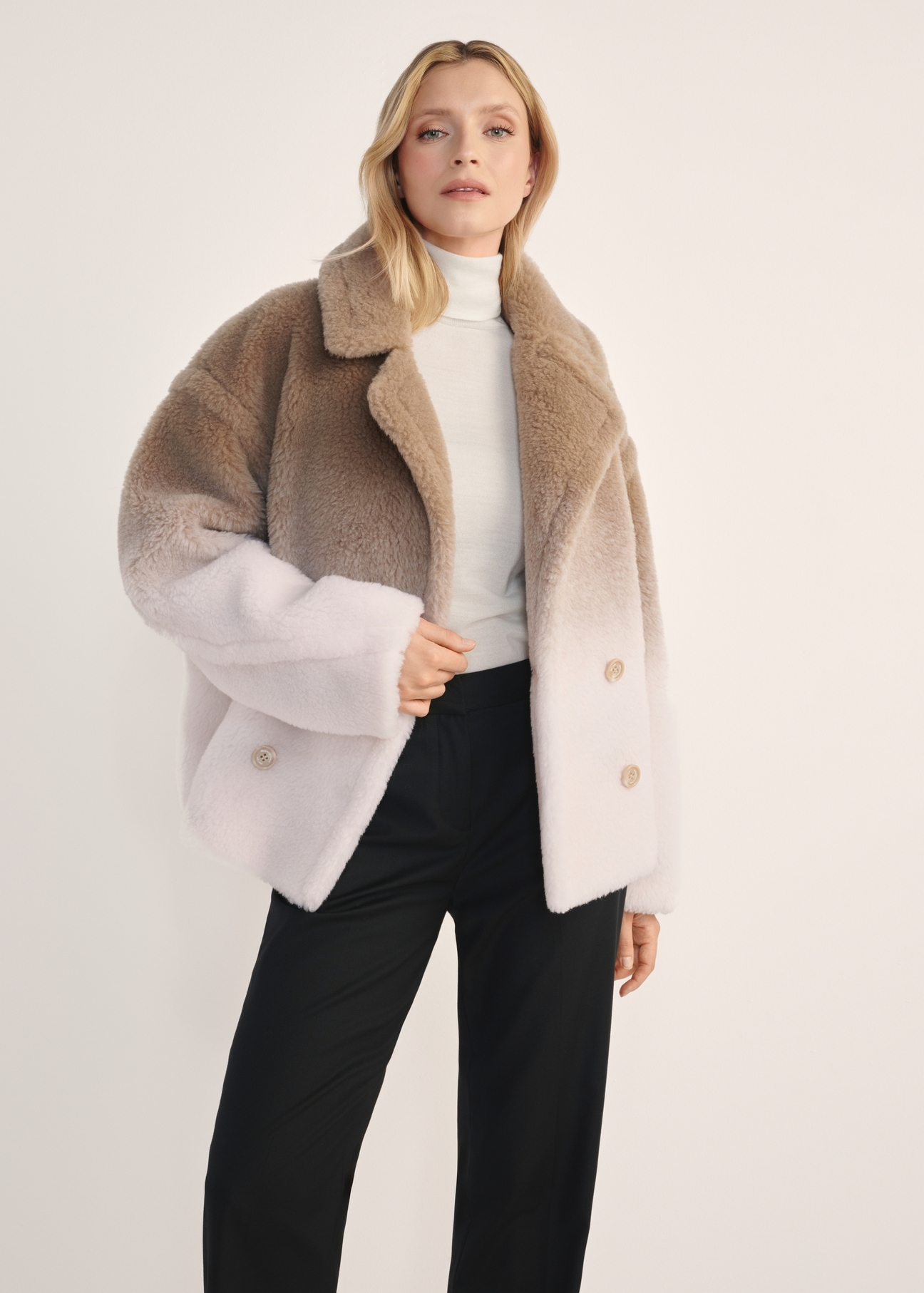 Women's Beige Wool Fur Coat FUTDW-0036-81(Z25) - Front view of the product on a model against a white background. Knee-length silhouette visible.