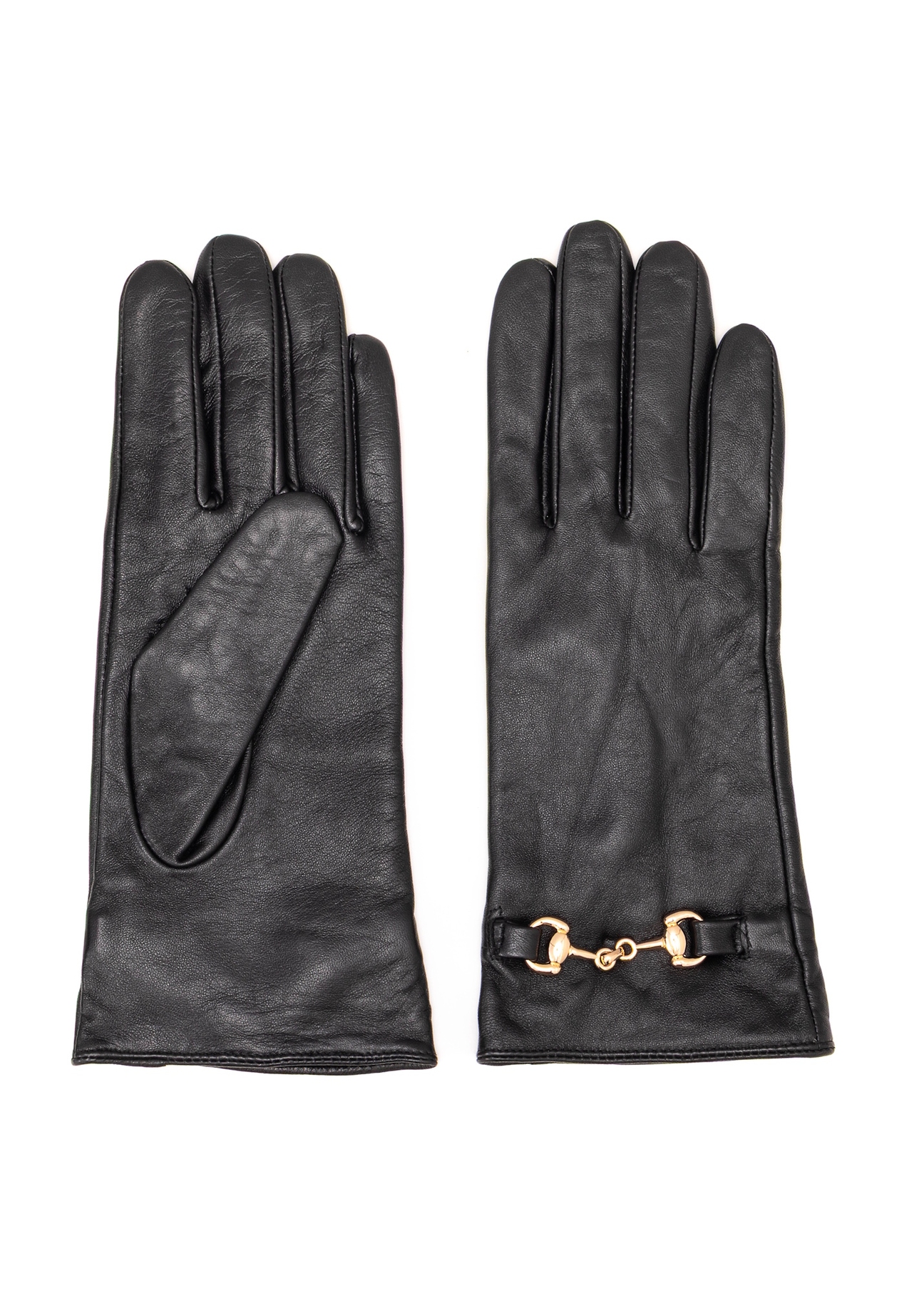 Women's black leather gloves with buckle REKDS-0087-99(Z25), front product view on white background.