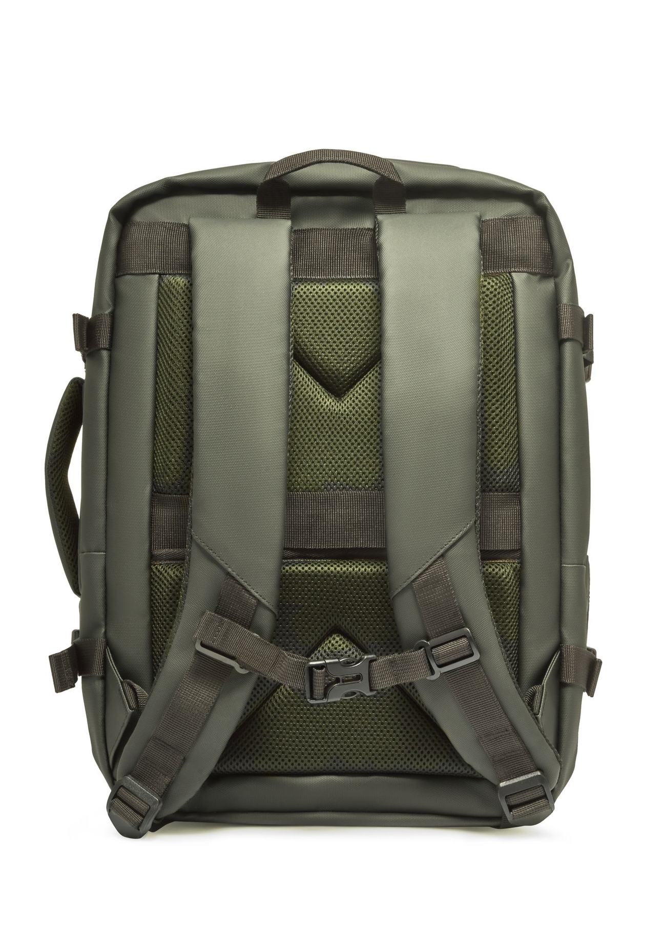 Large khaki travel backpack PLCMN-0018-8D(Z26) - product view from the back, on a white background.