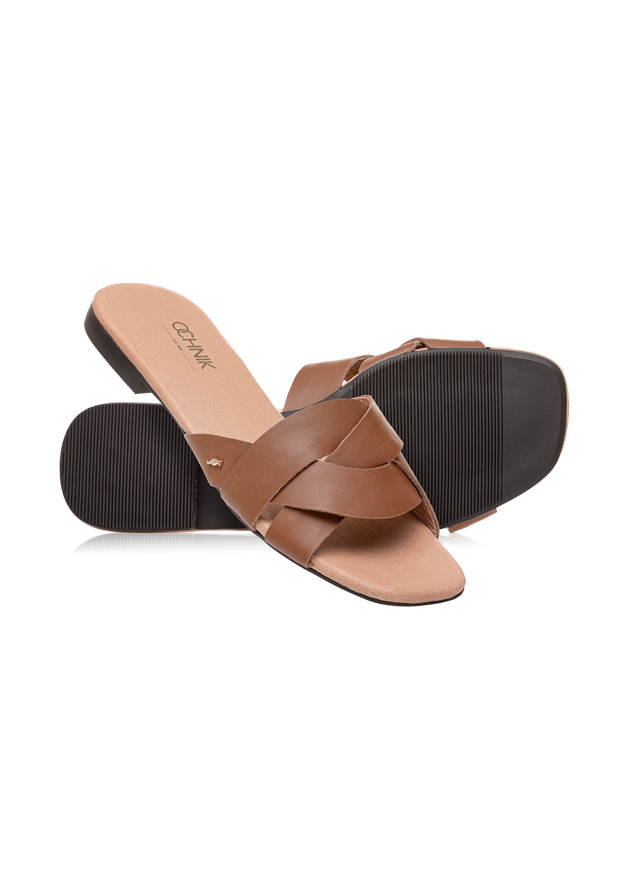 Women's brown leather flip-flops BUTYD-1159-24(W25), diagonal product view on a white background.