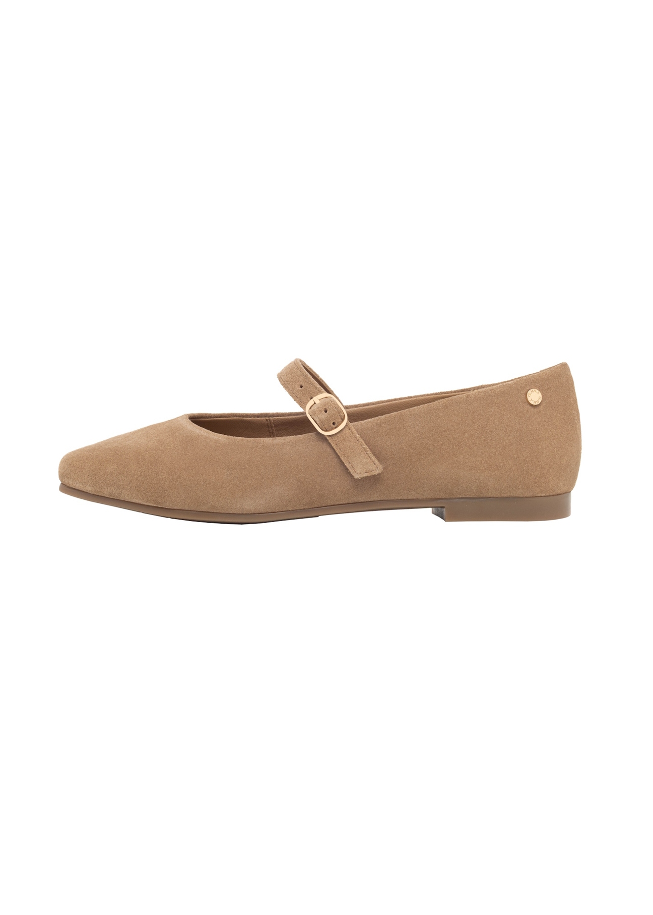 Beige suede ballet flats with belt BUTYD-1145-1B(Z26), side view of the product on a light background.
