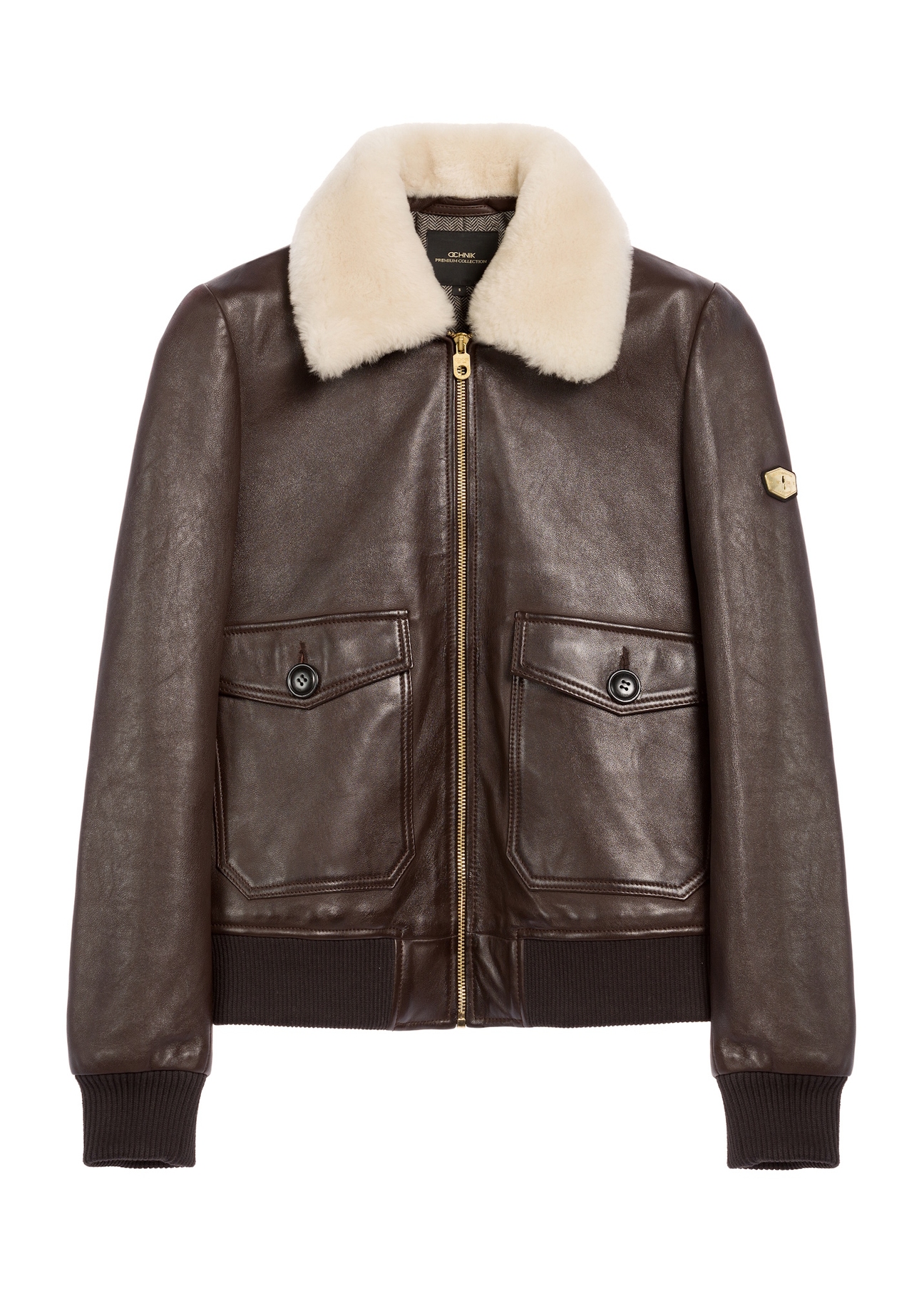 Brown leather jacket with collar KURDS-0505-4158(Z25) - front product view on white background.